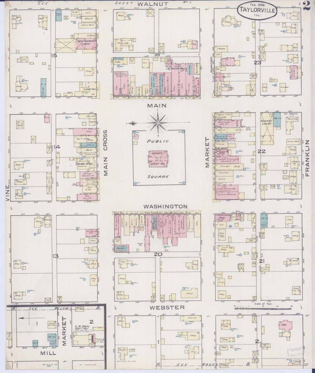 Sanborn Fire Insurance Map from Taylorville, Christian County, Illinois (1886), Sheet #0002 - Complete Map Set gallery image, historic Sanborn map, vintage wall art, Illinois Illinois