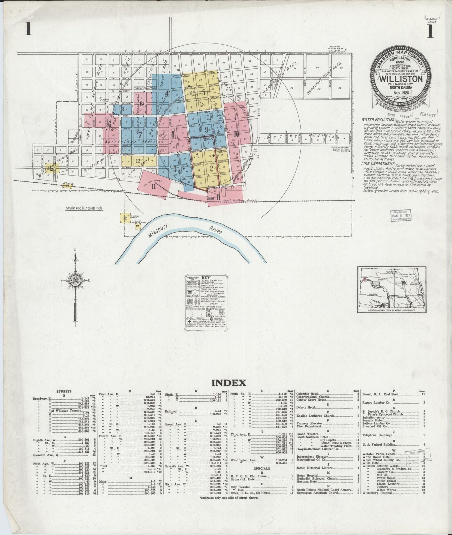 Sanborn Fire Insurance Map from Williston, Williams County, North Dakota (1926), Sheet #0001 - Historic Sanborn Fire Insurance Map Print, vintage old map wall art, antique decor, genealogy gift, North Dakota North Dakota map