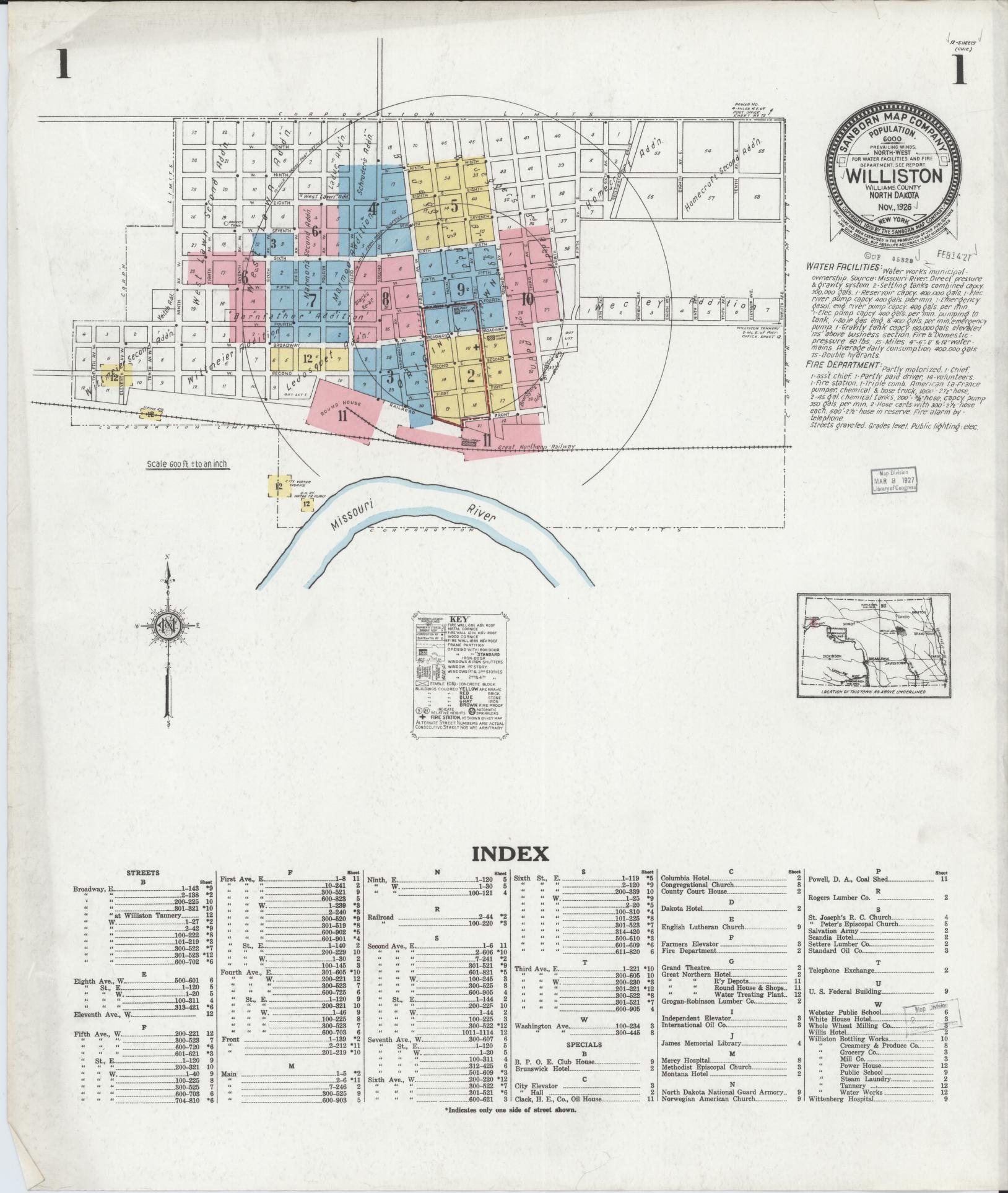 Sanborn Fire Insurance Map from Williston, Williams County, North Dakota (1926), Sheet #0001 - Historic Sanborn Fire Insurance Map Print, vintage old map wall art, antique decor, genealogy gift, North Dakota North Dakota map