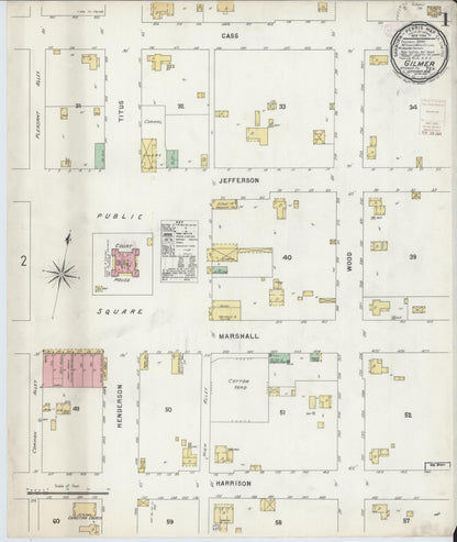 Sanborn Fire Insurance Map from Gilmer, Upshur County, Texas (1896), Sheet #0001 - Historic Sanborn Fire Insurance Map Print, vintage old map wall art, antique decor, genealogy gift, Texas Texas map