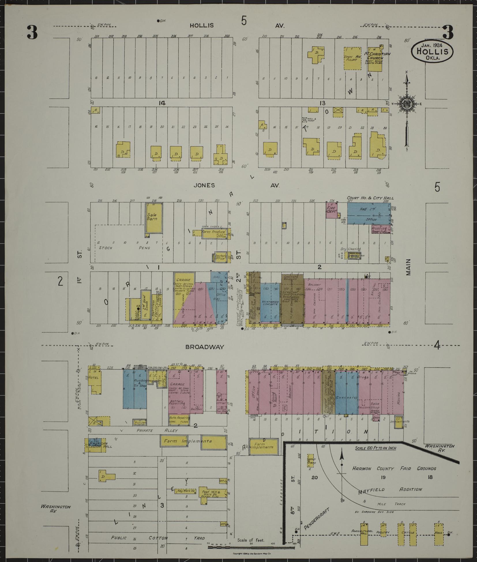 Sanborn Fire Insurance Map from Hollis, Harmon County, Oklahoma (1924), Sheet #0003 - Complete Map Set gallery image, historic Sanborn map, vintage wall art, Oklahoma Oklahoma