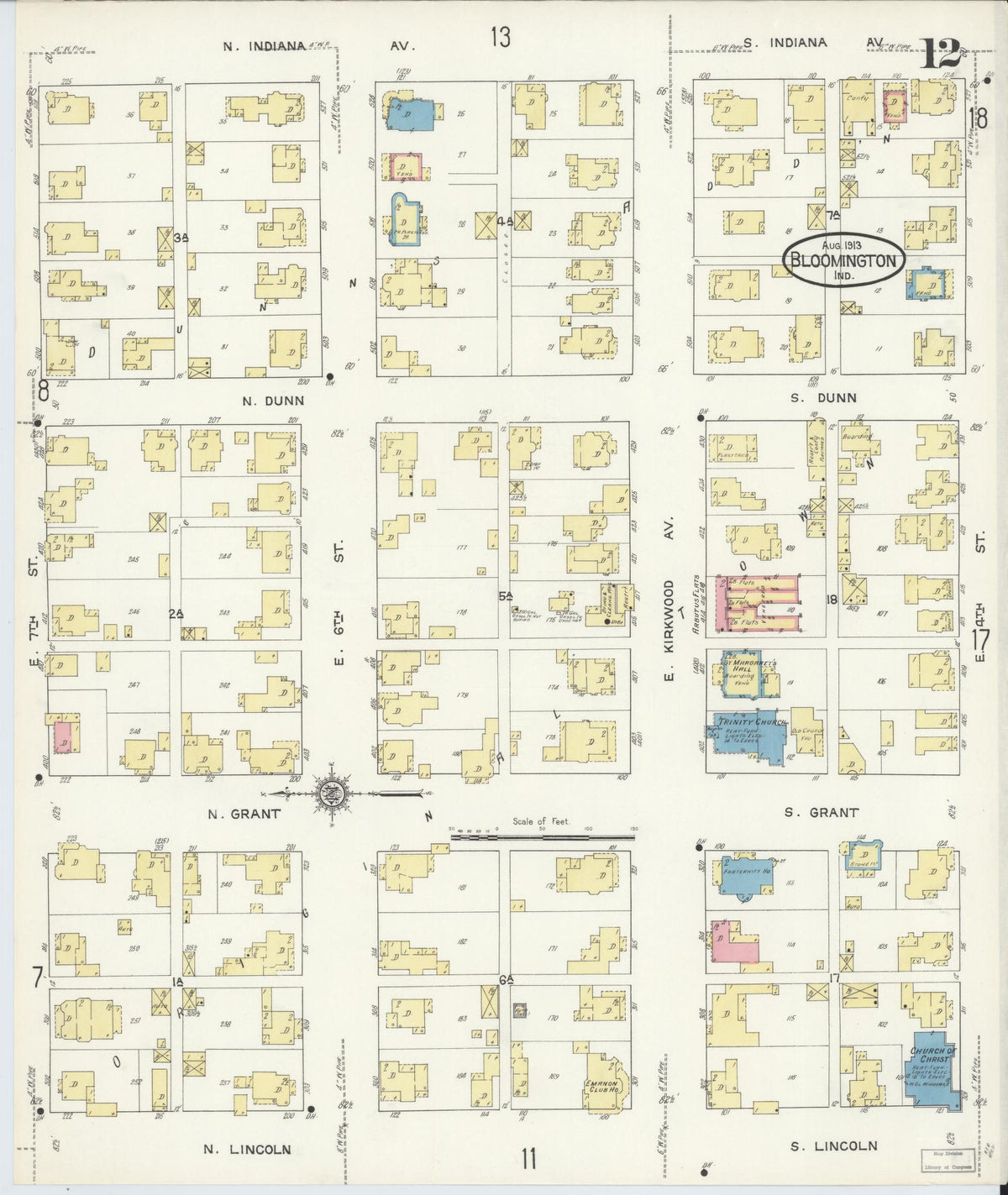 Sanborn Fire Insurance Map from Bloomington, Monroe County, Indiana (1913), Sheet #0012 - Historic Sanborn Fire Insurance Map Print, vintage old map wall art, antique decor, genealogy gift, Indiana Indiana map