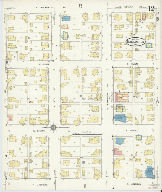 Sanborn Fire Insurance Map from Bloomington, Monroe County, Indiana (1913), Sheet #0012 - Historic Sanborn Fire Insurance Map Print, vintage old map wall art, antique decor, genealogy gift, Indiana Indiana map