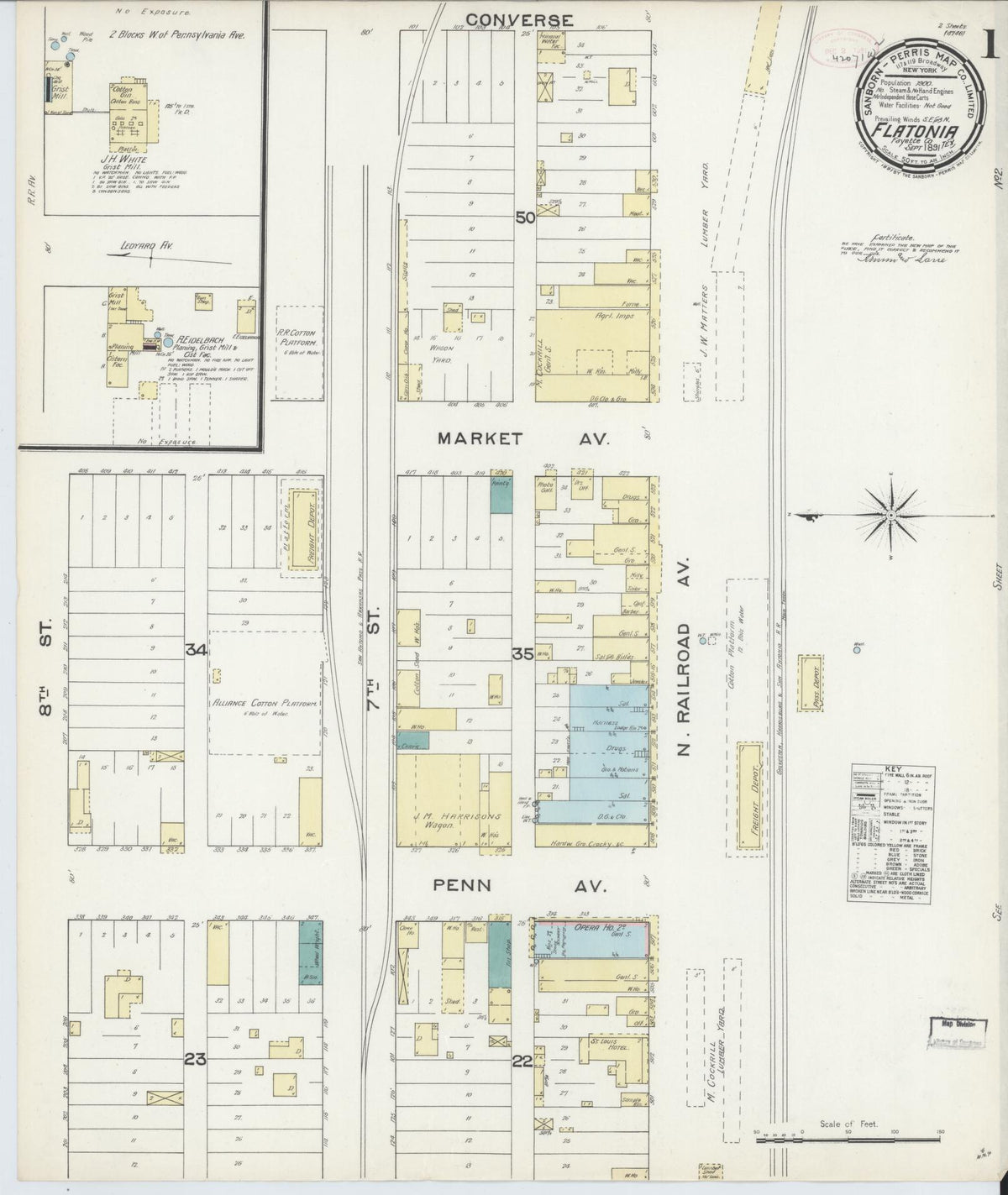 Sanborn Fire Insurance Map from Flatonia, Fayette County, Texas (1891), Sheet #0001 - Complete Map Set gallery image, historic Sanborn map, vintage wall art, Texas Texas