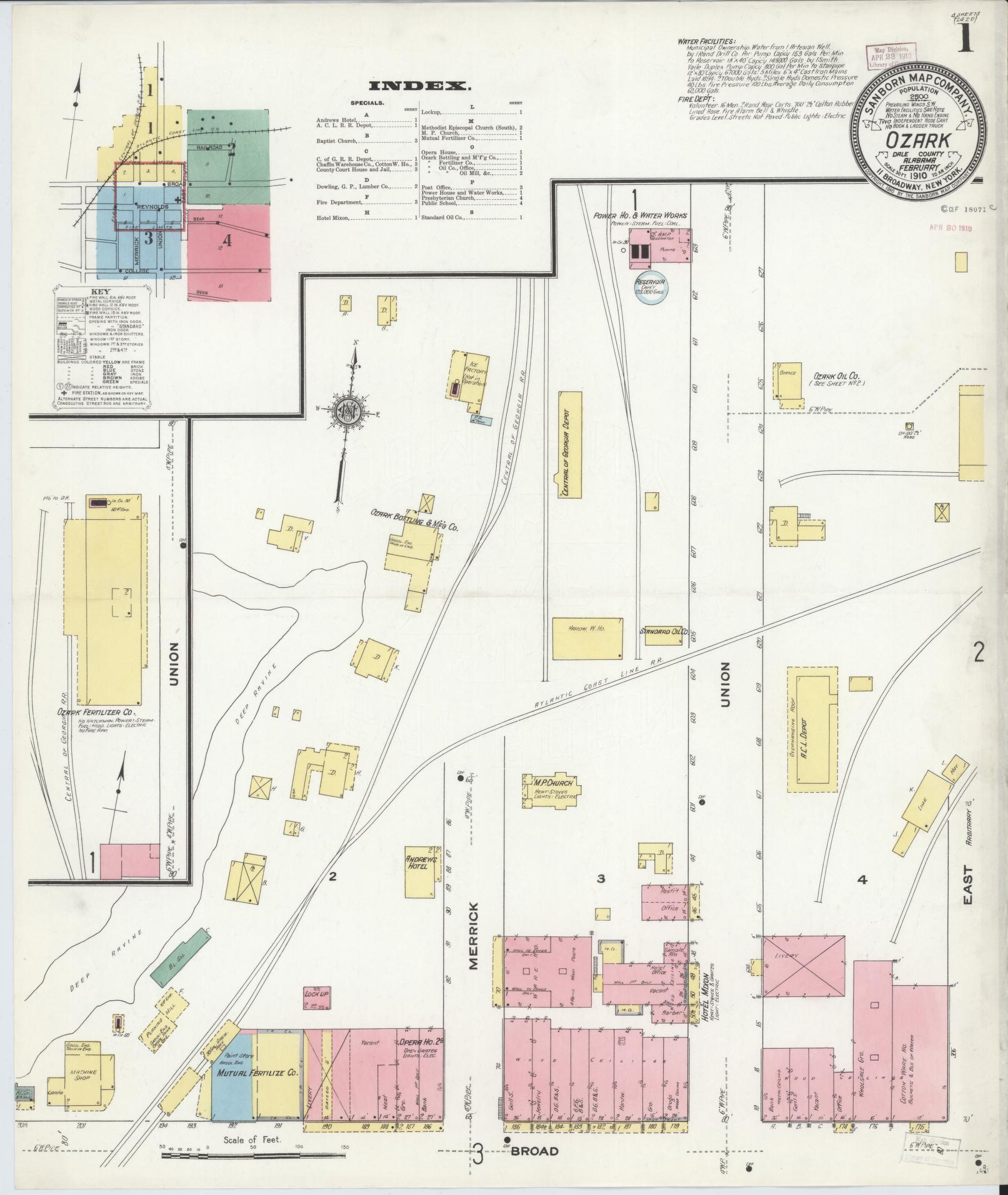 Sanborn Fire Insurance Map from Ozark, Dale County, Alabama (1910), Sheet #0001 - Complete Map Set gallery image, historic Sanborn map, vintage wall art, Alabama Alabama