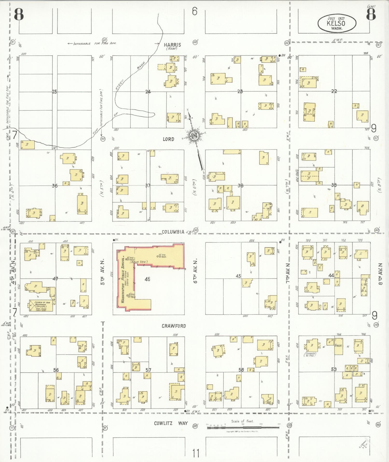 Sanborn Fire Insurance Map from Kelso, Cowlitz County, Washington (1927), Sheet #0008 - Historic Sanborn Fire Insurance Map Print, vintage old map wall art, antique decor, genealogy gift, Washington Washington map