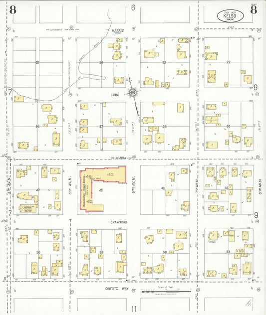 Sanborn Fire Insurance Map from Kelso, Cowlitz County, Washington (1927), Sheet #0008 - Historic Sanborn Fire Insurance Map Print, vintage old map wall art, antique decor, genealogy gift, Washington Washington map