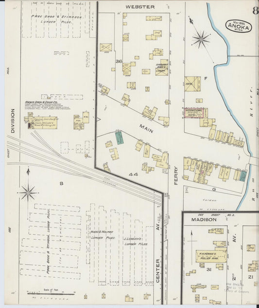 Sanborn Fire Insurance Map from Anoka, Anoka County, Minnesota (1885), Sheet #0008 - Historic Sanborn Fire Insurance Map Print, vintage old map wall art, antique decor, genealogy gift, Minnesota Minnesota map