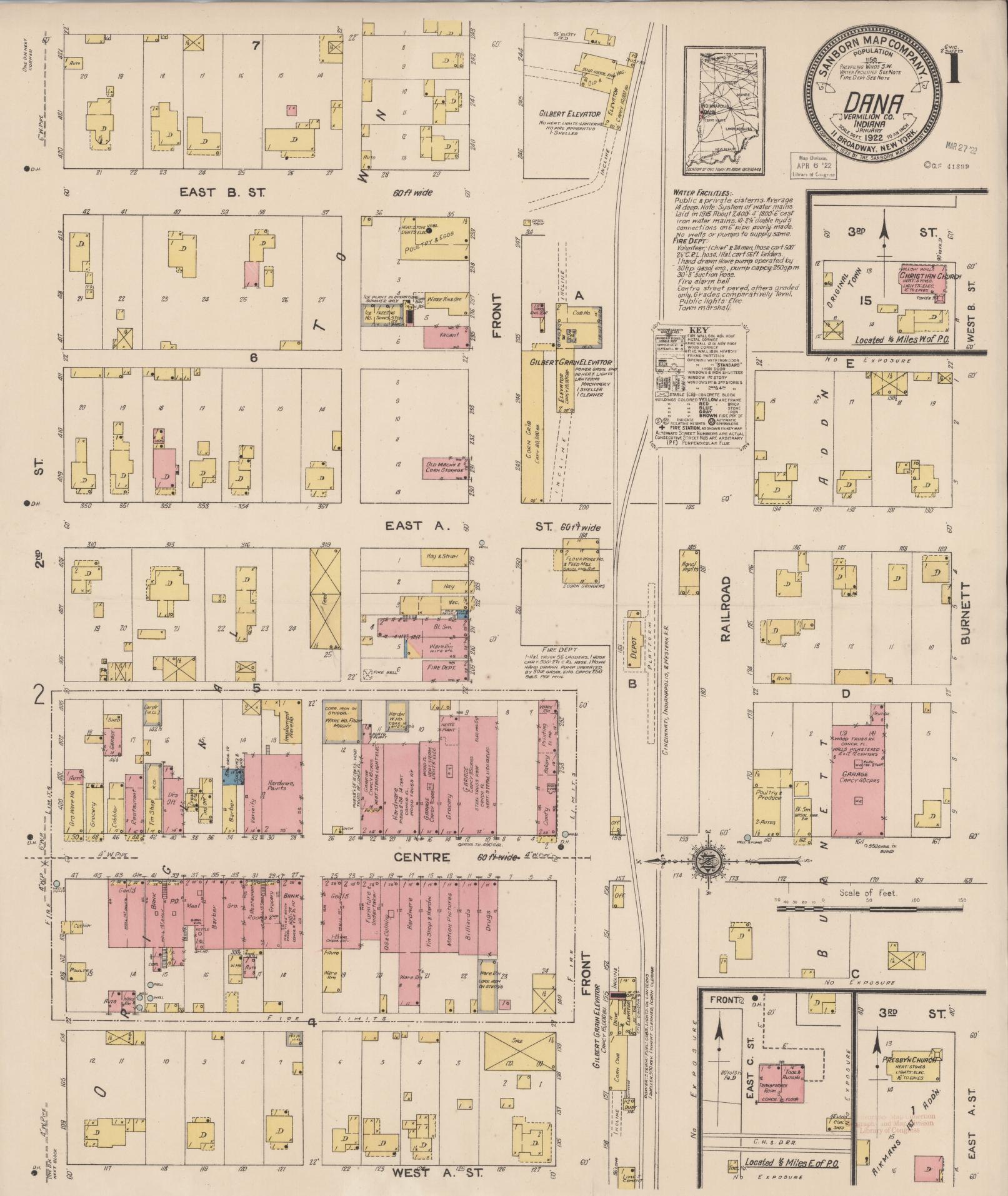 Sanborn Fire Insurance Map from Dana, Vermillion County, Indiana (1922), Sheet #0001 - Complete Map Set gallery image, historic Sanborn map, vintage wall art, Indiana Indiana