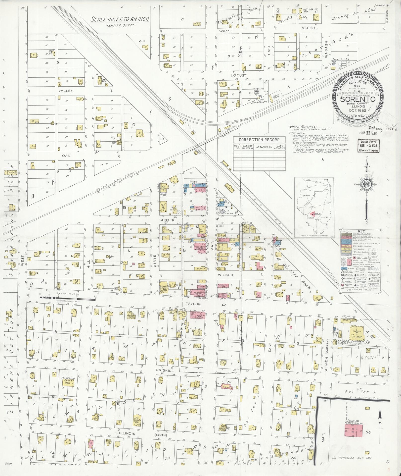 Sanborn Fire Insurance Map from Sorento, Bond County, Illinois (1932), Sheet #0001 - Historic Sanborn Fire Insurance Map Print, vintage old map wall art, antique decor, genealogy gift, Illinois Illinois map