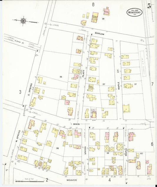 Sanborn Fire Insurance Map from Winooski, Chittenden County, Vermont (1909), Sheet #0005 - Historic Sanborn Fire Insurance Map Print, vintage old map wall art, antique decor, genealogy gift, Vermont Vermont map