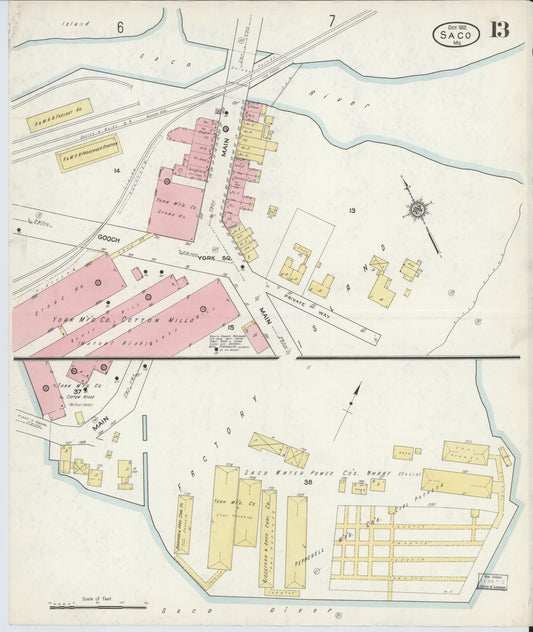 Sanborn Fire Insurance Map from Saco, York County, Maine (1912), Sheet #0013 - Historic Sanborn Fire Insurance Map Print, vintage old map wall art, antique decor, genealogy gift, Maine Maine map