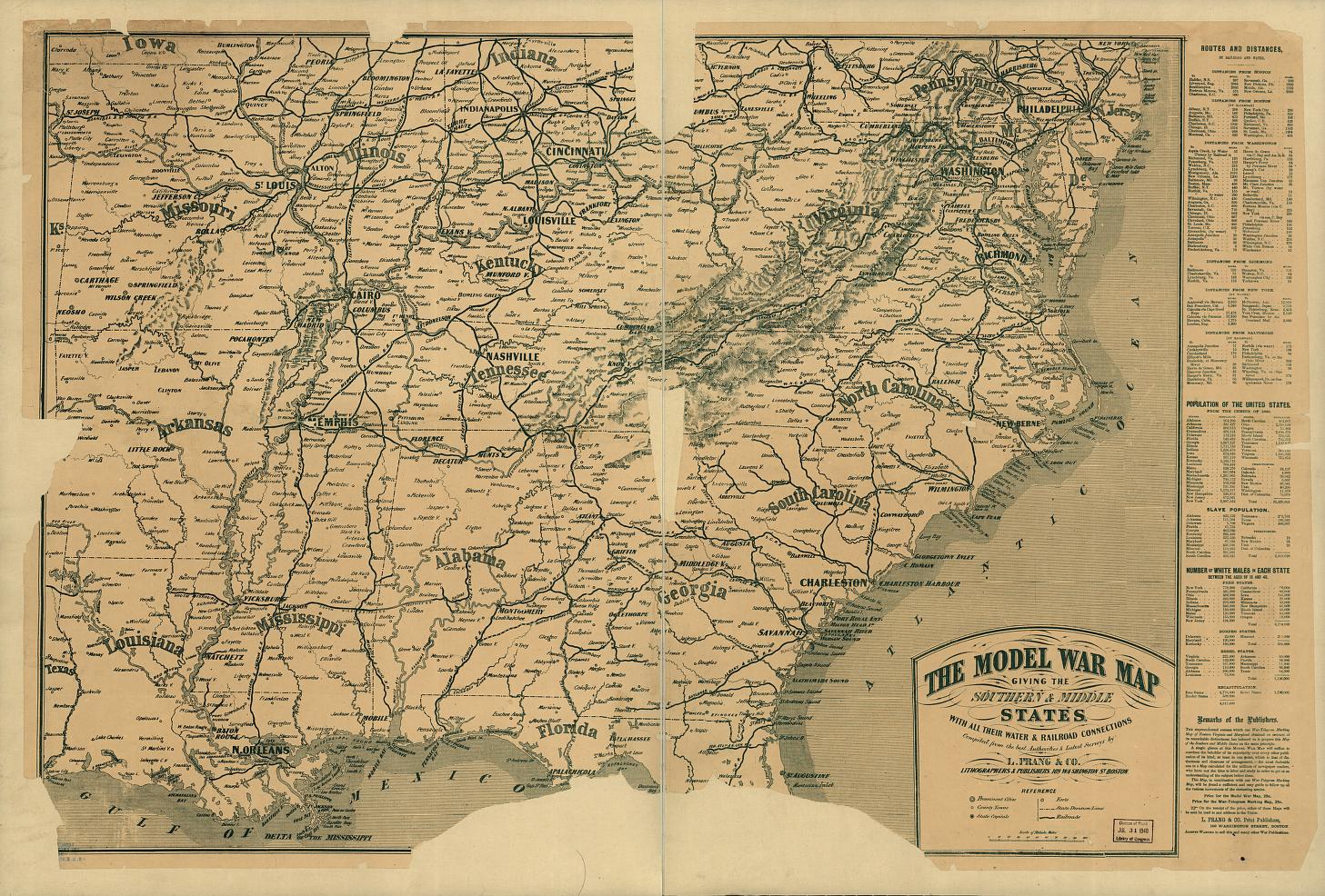 The model war map giving the southern & middle states, with all their water & railroad connections. Compiled from the best authorities & latest surveys by L. Prang & Co., lithographers & publishers. Civil War Map (1862) - Historic Battlefield Map Reprint