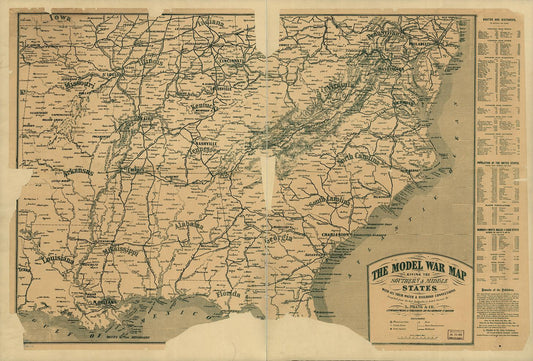 The model war map giving the southern & middle states, with all their water & railroad connections. Compiled from the best authorities & latest surveys by L. Prang & Co., lithographers & publishers. Civil War Map (1862) - Historic Battlefield Map Reprint