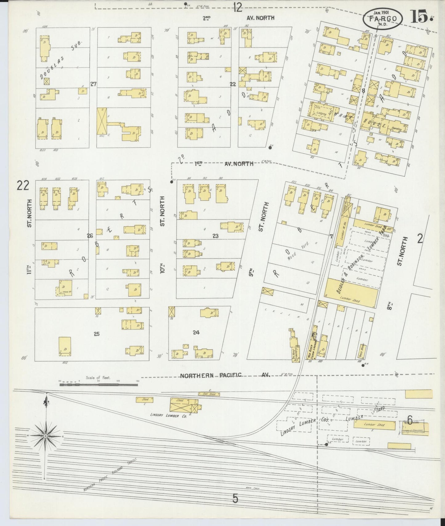 Sanborn Fire Insurance Map from Fargo, Cass County, North Dakota (1901), Sheet #0015 - Complete Map Set gallery image, historic Sanborn map, vintage wall art, North Dakota North Dakota