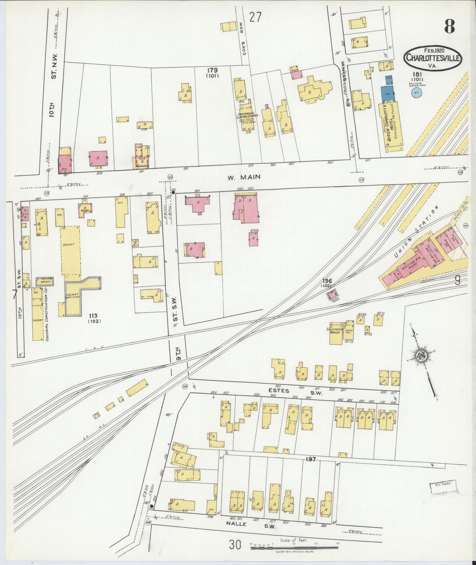 Sanborn Fire Insurance Map from Charlottesville, Independent Cities, Virginia (1920), Sheet #0008 - Complete Map Set gallery image, historic Sanborn map, vintage wall art, Virginia Virginia