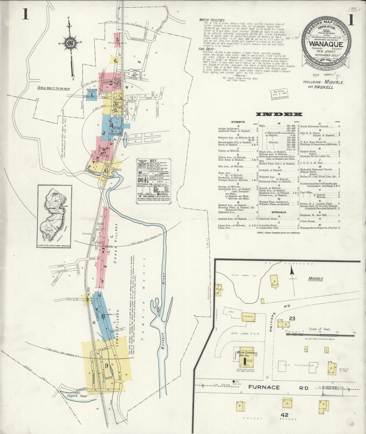 Sanborn Fire Insurance Map from Wanaque, Passaic County, New Jersey (1923), Sheet #0001 - Historic Sanborn Fire Insurance Map Print, vintage old map wall art, antique decor, genealogy gift, New Jersey New Jersey map