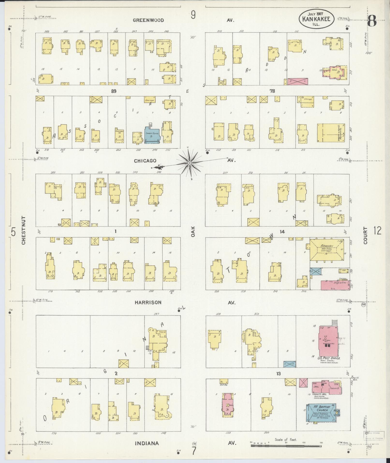Sanborn Fire Insurance Map from Kankakee, Kankakee County, Illinois (1907), Sheet #0008 - Historic Sanborn Fire Insurance Map Print, vintage old map wall art, antique decor, genealogy gift, Illinois Illinois map