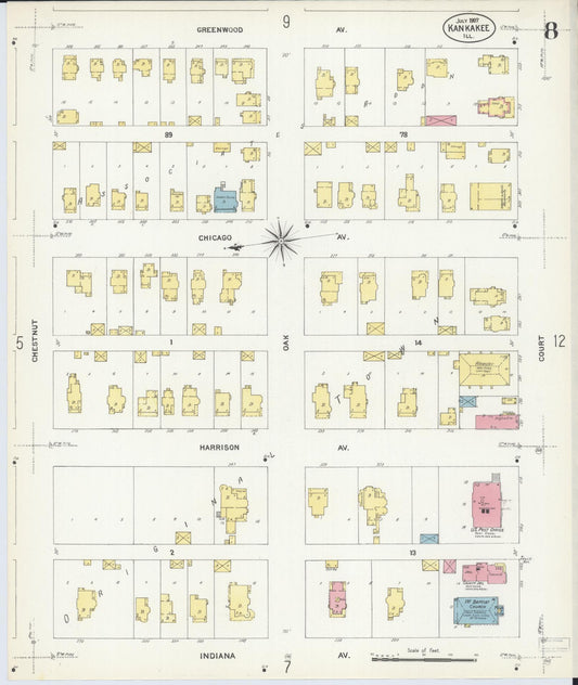 Sanborn Fire Insurance Map from Kankakee, Kankakee County, Illinois (1907), Sheet #0008 - Historic Sanborn Fire Insurance Map Print, vintage old map wall art, antique decor, genealogy gift, Illinois Illinois map