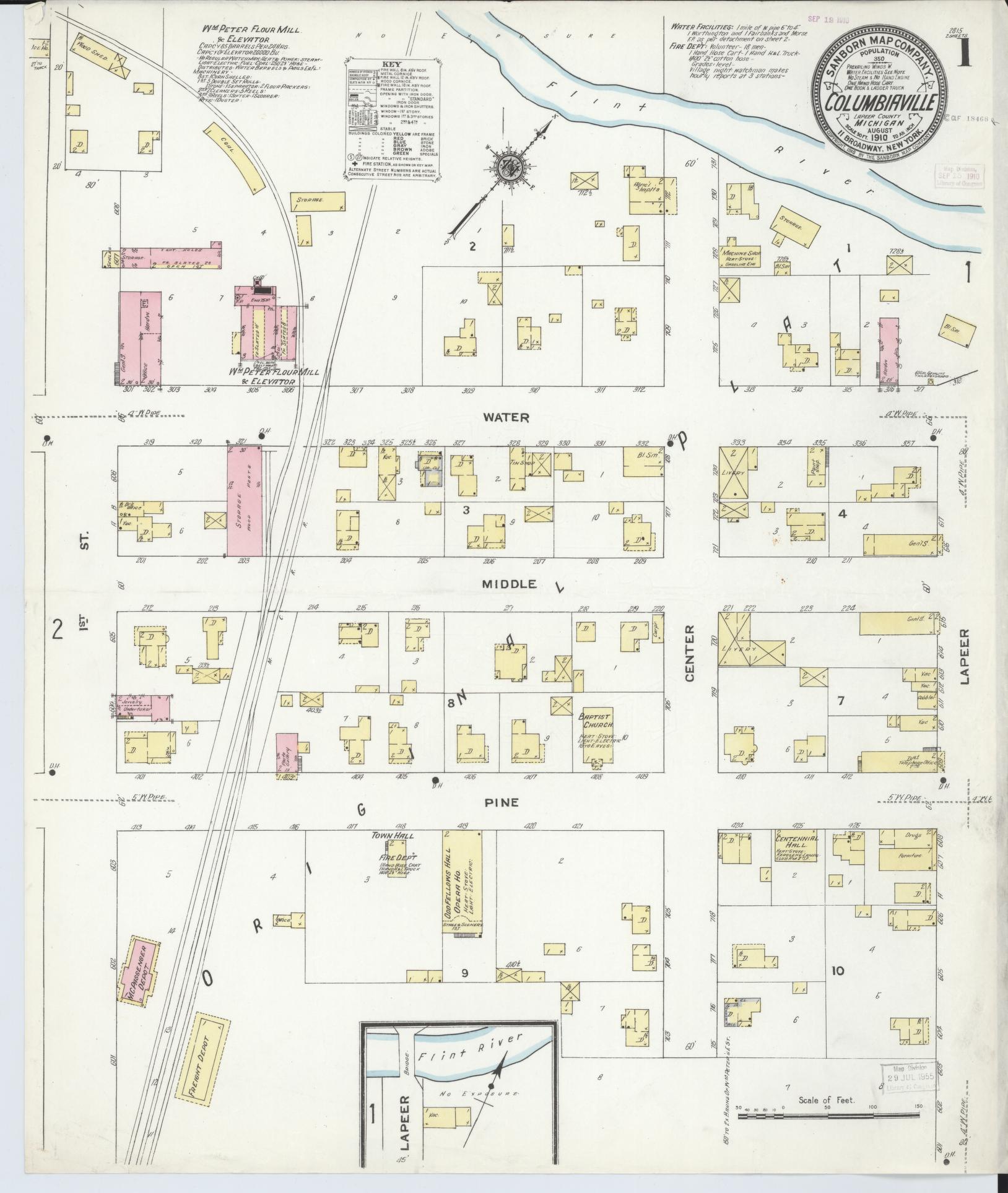 Sanborn Fire Insurance Map from Columbiaville, Lapeer County, Michigan (1910), Sheet #0001 - Complete Map Set gallery image, historic Sanborn map, vintage wall art, Michigan Michigan