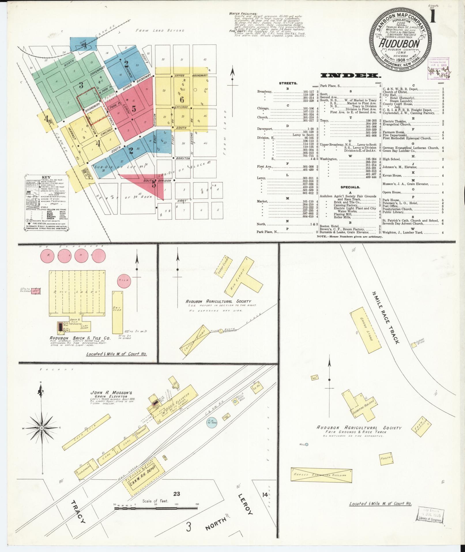 Sanborn Fire Insurance Map from Audubon, Audubon County, Iowa (1908), Sheet #0001 - Historic Sanborn Fire Insurance Map Print, vintage old map wall art