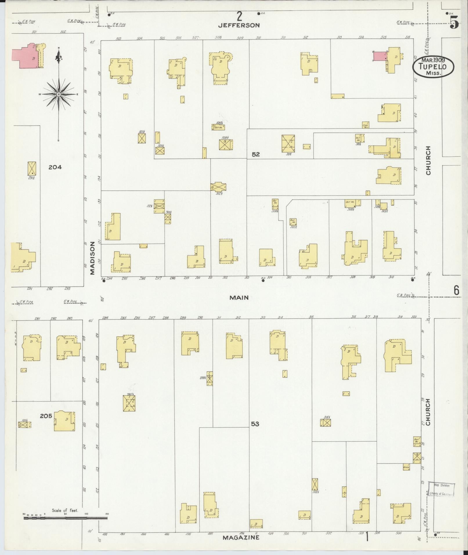 Sanborn Fire Insurance Map from Tupelo, Lee County, Mississippi (1909), Sheet #0005 - Complete Map Set gallery image, historic Sanborn map, vintage wall art, Mississippi Mississippi