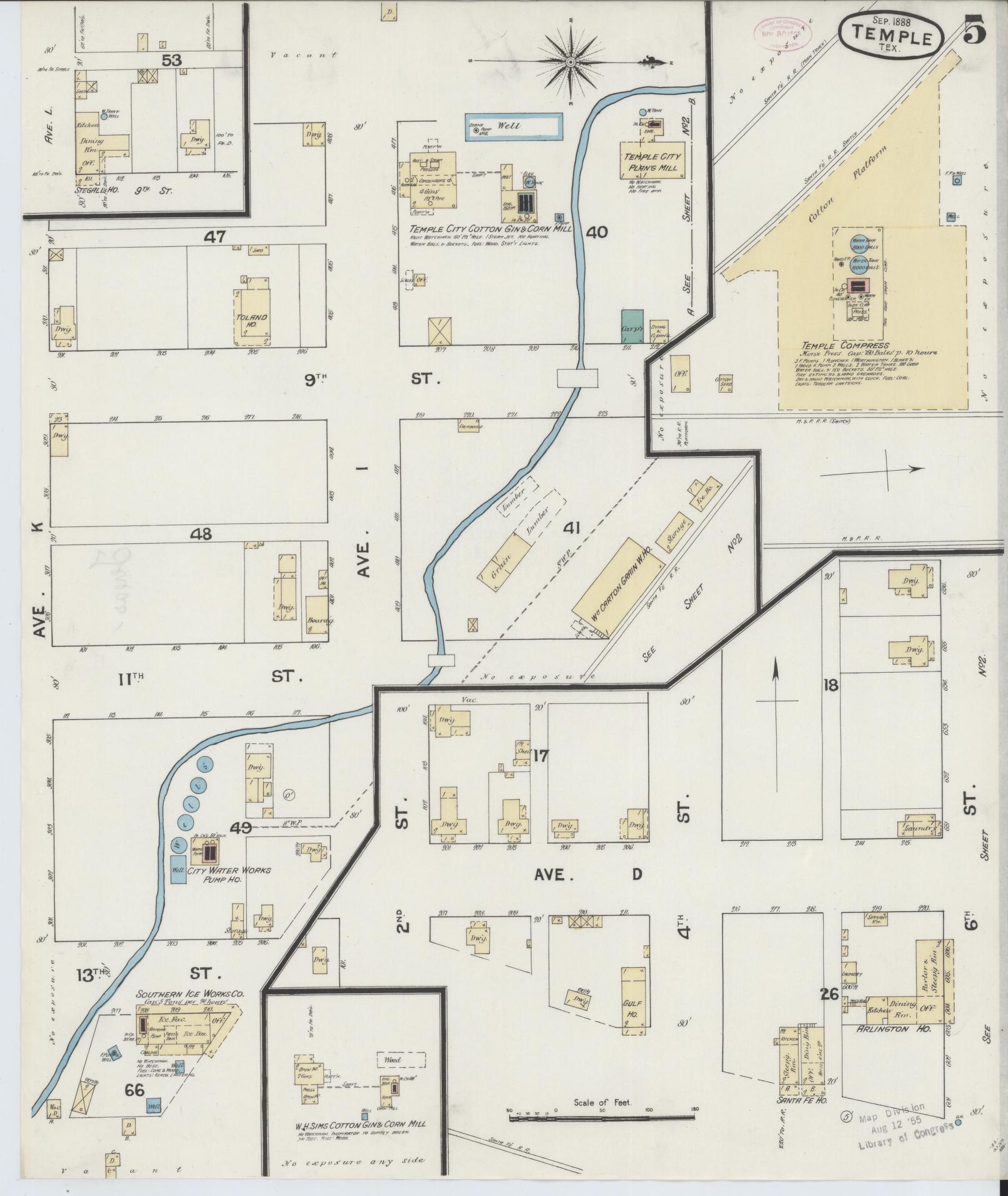 Sanborn Fire Insurance Map from Temple, Bell County, Texas (1888), Sheet #0005 - Complete Map Set gallery image, historic Sanborn map, vintage wall art, Texas Texas