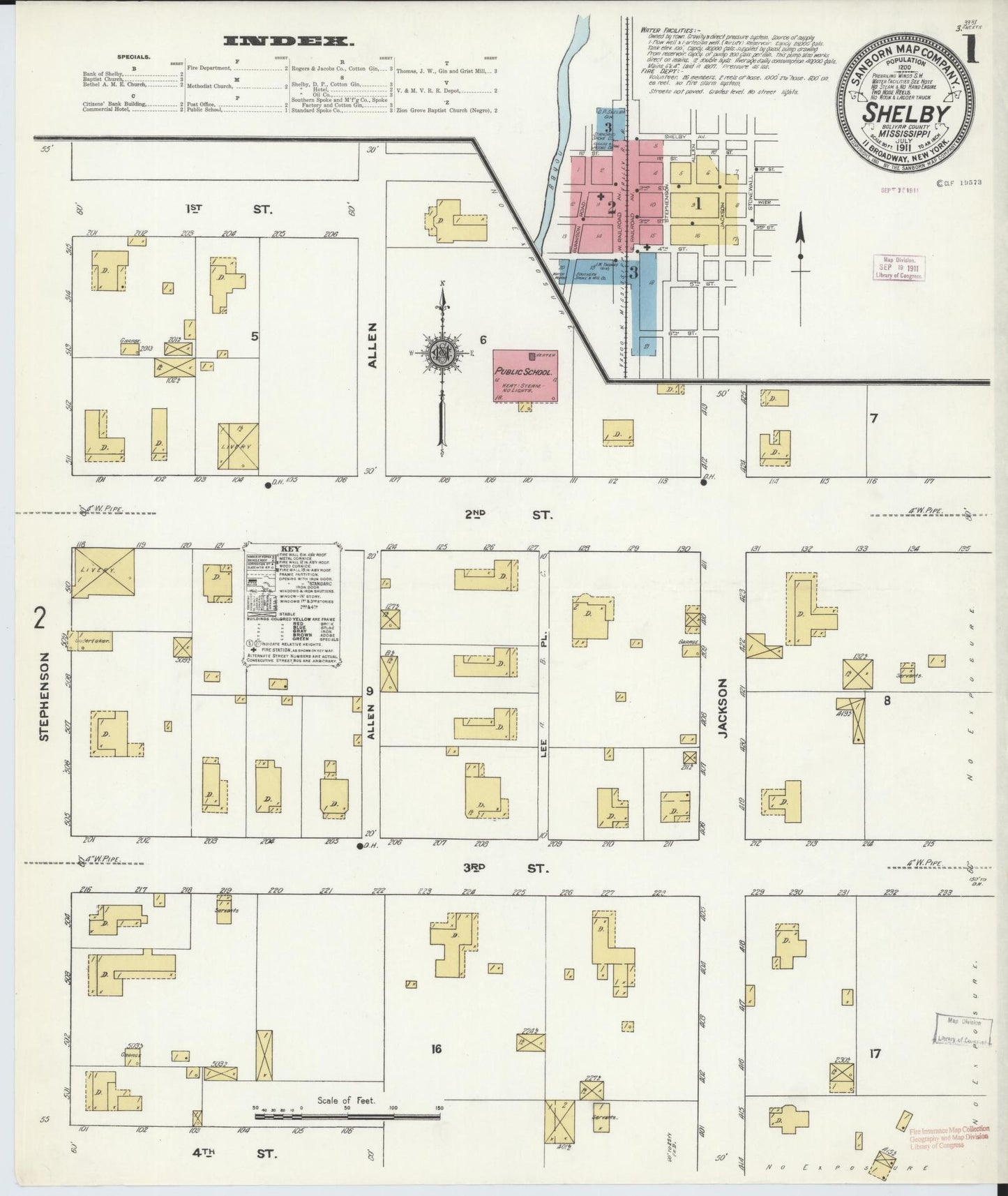 Sanborn Fire Insurance Map from Shelby, Bolivar County, Mississippi (1911), Sheet #0001 - Complete Map Set gallery image, historic Sanborn map, vintage wall art, Mississippi Mississippi