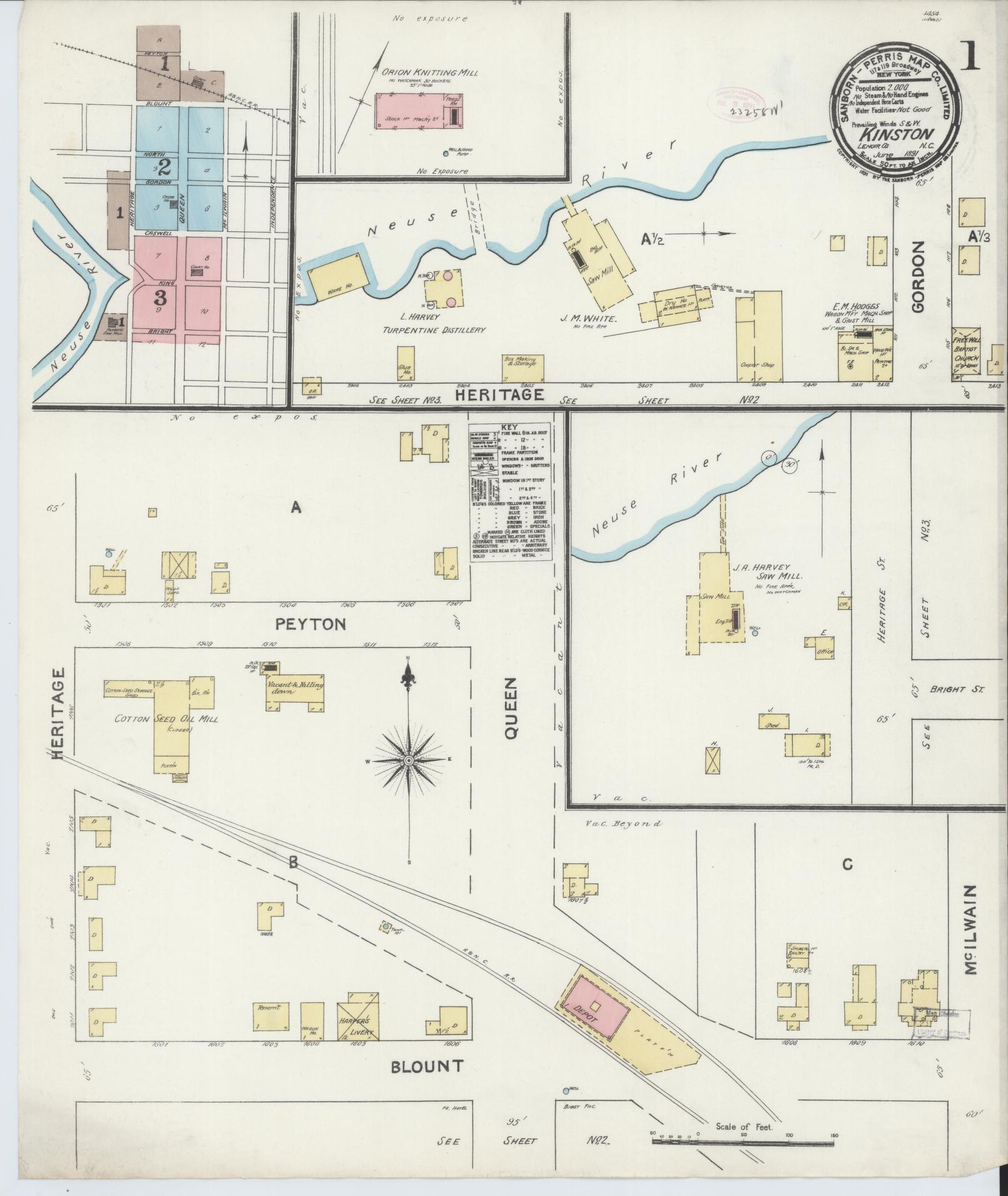 Sanborn Fire Insurance Map from Kinston, Lenoir County, North Carolina (1891), Sheet #0001 - Historic Sanborn Fire Insurance Map Print, vintage old map wall art, antique decor, genealogy gift, North Carolina North Carolina map