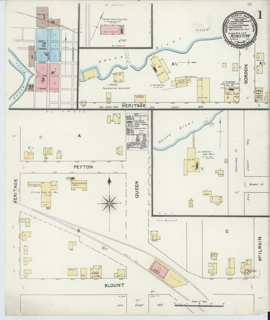 Sanborn Fire Insurance Map from Kinston, Lenoir County, North Carolina (1891), Sheet #0001 - Historic Sanborn Fire Insurance Map Print, vintage old map wall art, antique decor, genealogy gift, North Carolina North Carolina map