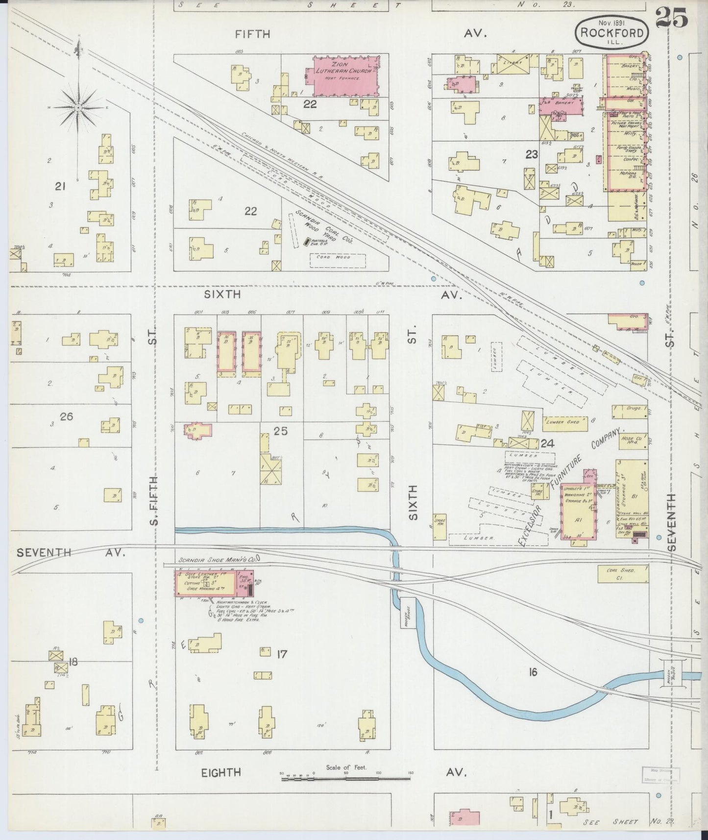 Sanborn Fire Insurance Map from Rockford, Winnebago County, Illinois (1891), Sheet #0025 - Historic Sanborn Fire Insurance Map Print, vintage old map wall art, antique decor, genealogy gift, Illinois Illinois map