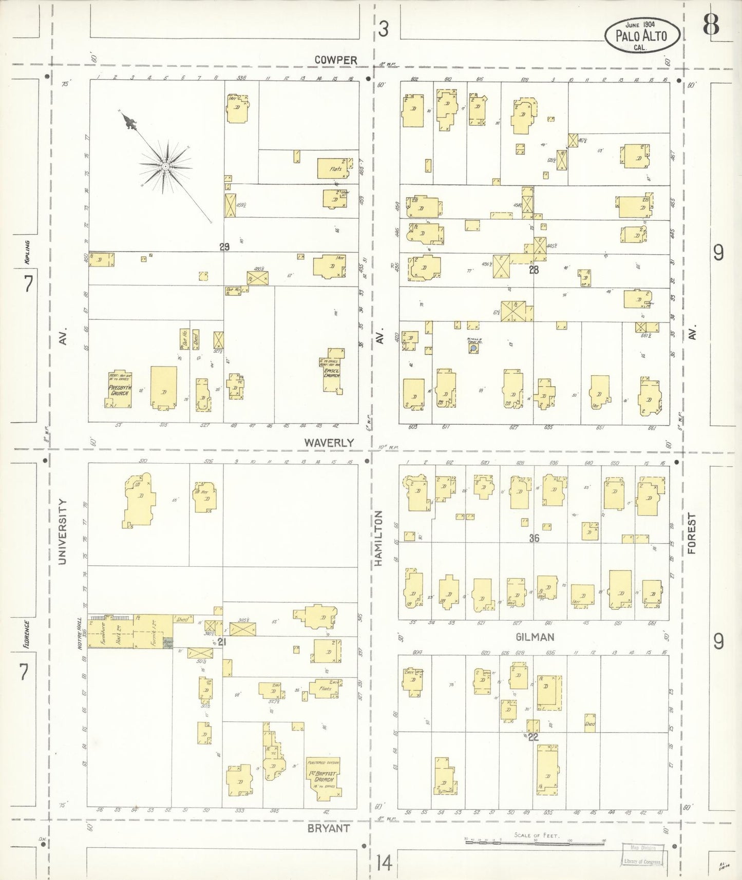 Sanborn Fire Insurance Map from Palo Alto, Santa Clara County, California (1904), Sheet #0008 - Complete Map Set gallery image, historic Sanborn map, vintage wall art, California California