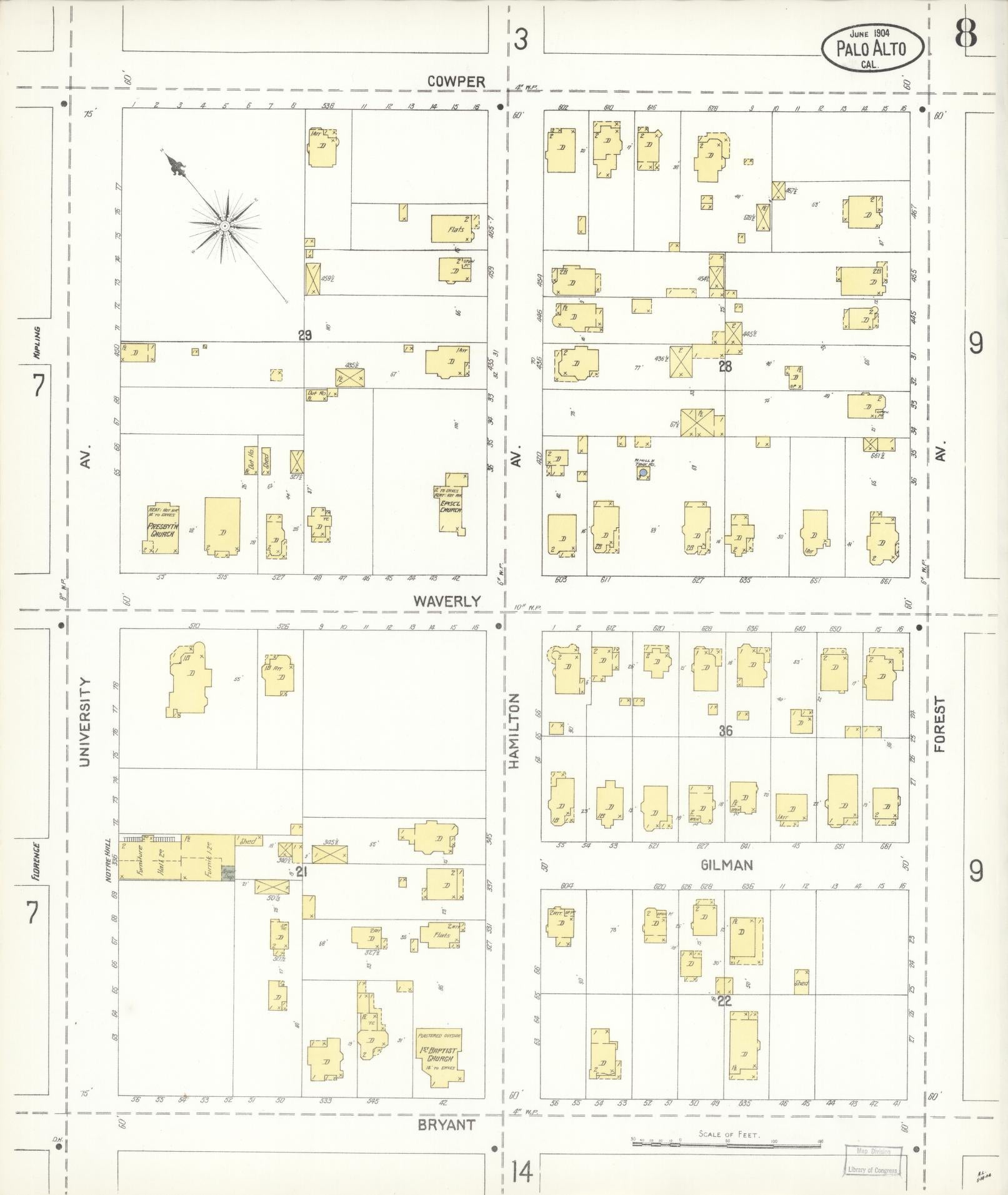 Sanborn Fire Insurance Map from Palo Alto, Santa Clara County, California (1904), Sheet #0008 - Complete Map Set gallery image, historic Sanborn map, vintage wall art, California California
