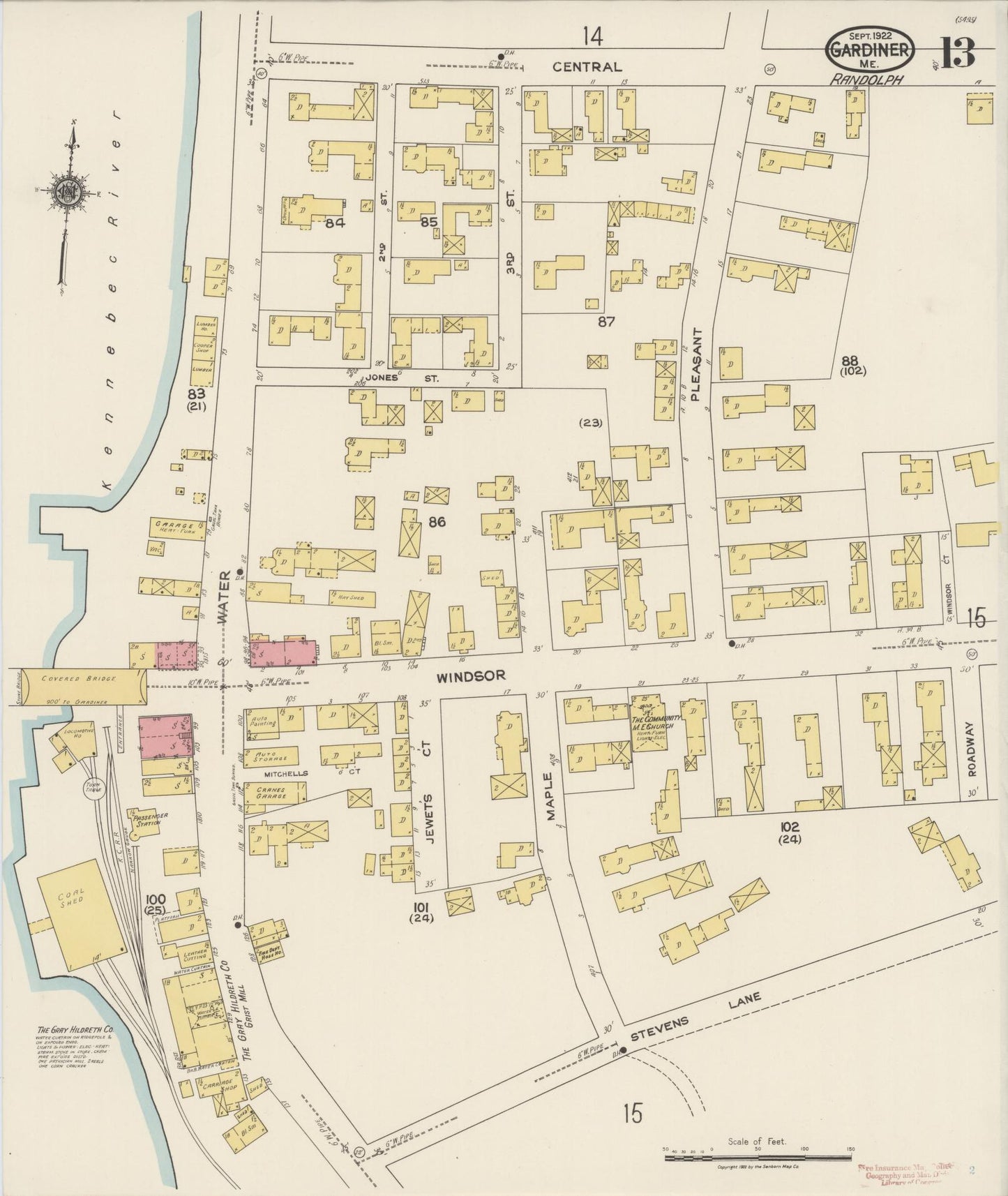 Sanborn Fire Insurance Map from Gardiner, Kennebec County, Maine (1922), Sheet #0013 - Historic Sanborn Fire Insurance Map Print, vintage old map wall art, antique decor, genealogy gift, Maine Maine map