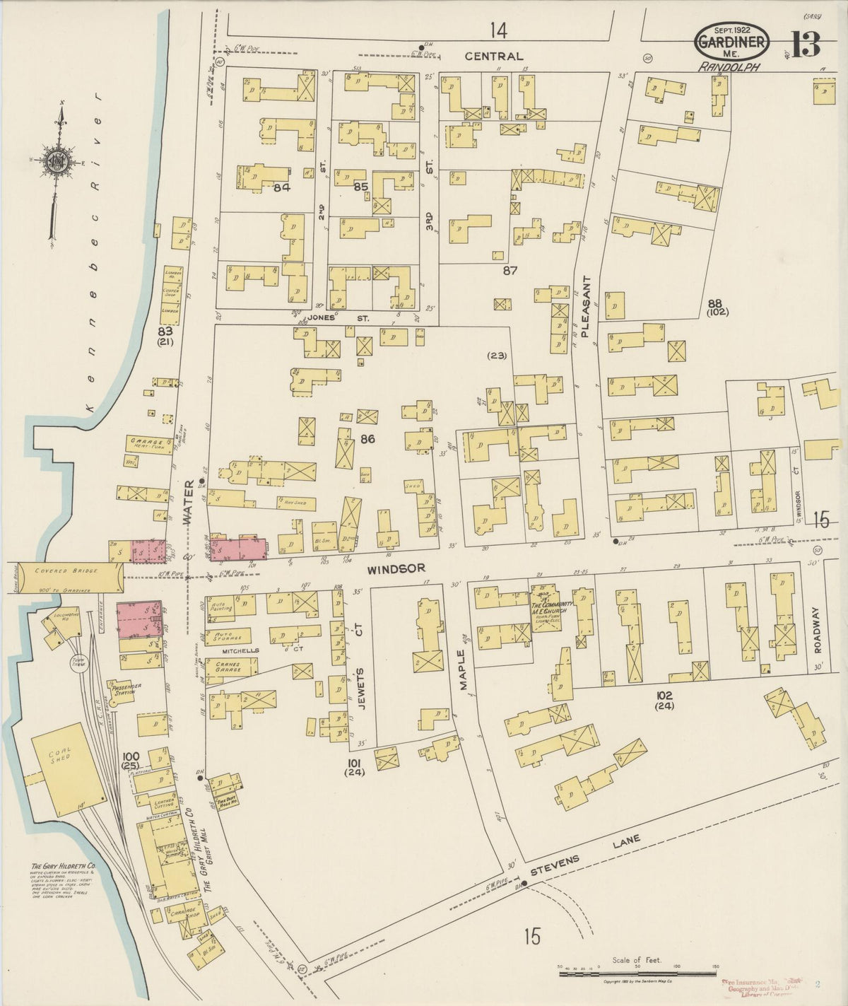 Sanborn Fire Insurance Map from Gardiner, Kennebec County, Maine (1922), Sheet #0013 - Historic Sanborn Fire Insurance Map Print, vintage old map wall art, antique decor, genealogy gift, Maine Maine map