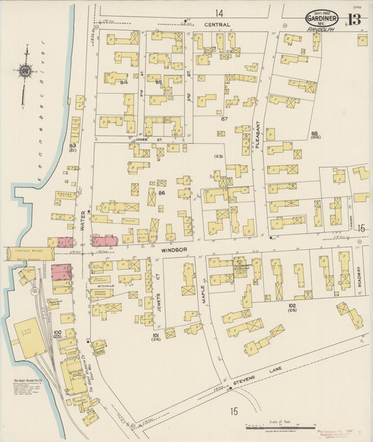 Sanborn Fire Insurance Map from Gardiner, Kennebec County, Maine (1922), Sheet #0013 - Historic Sanborn Fire Insurance Map Print, vintage old map wall art, antique decor, genealogy gift, Maine Maine map