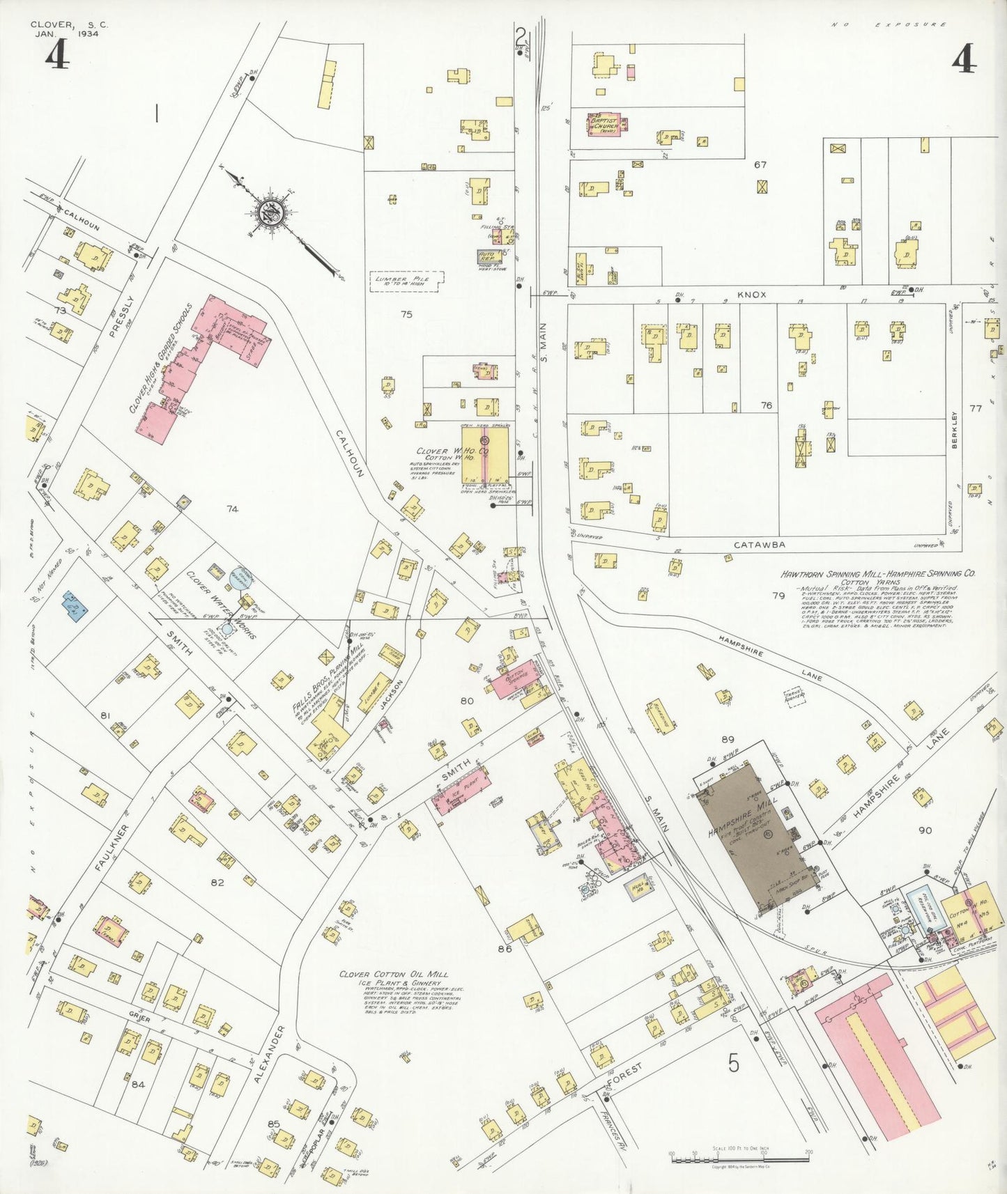 Sanborn Fire Insurance Map from Clover, York County, South Carolina (1934), Sheet #0004 - Historic Sanborn Fire Insurance Map Print, vintage old map wall art, antique decor, genealogy gift, South Carolina South Carolina map