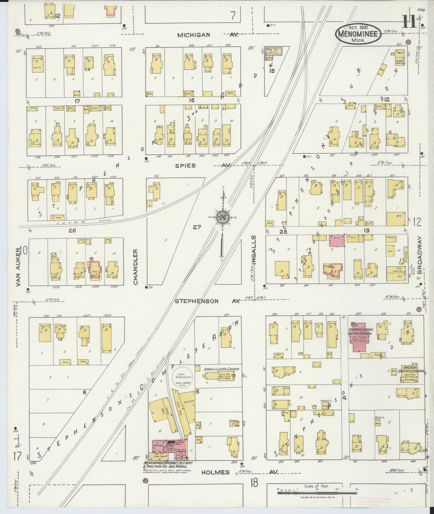 Sanborn Fire Insurance Map from Menominee, Menominee County, Michigan (1921), Sheet #0011 - Historic Sanborn Fire Insurance Map Print, vintage old map wall art, antique decor, genealogy gift, Michigan Michigan map