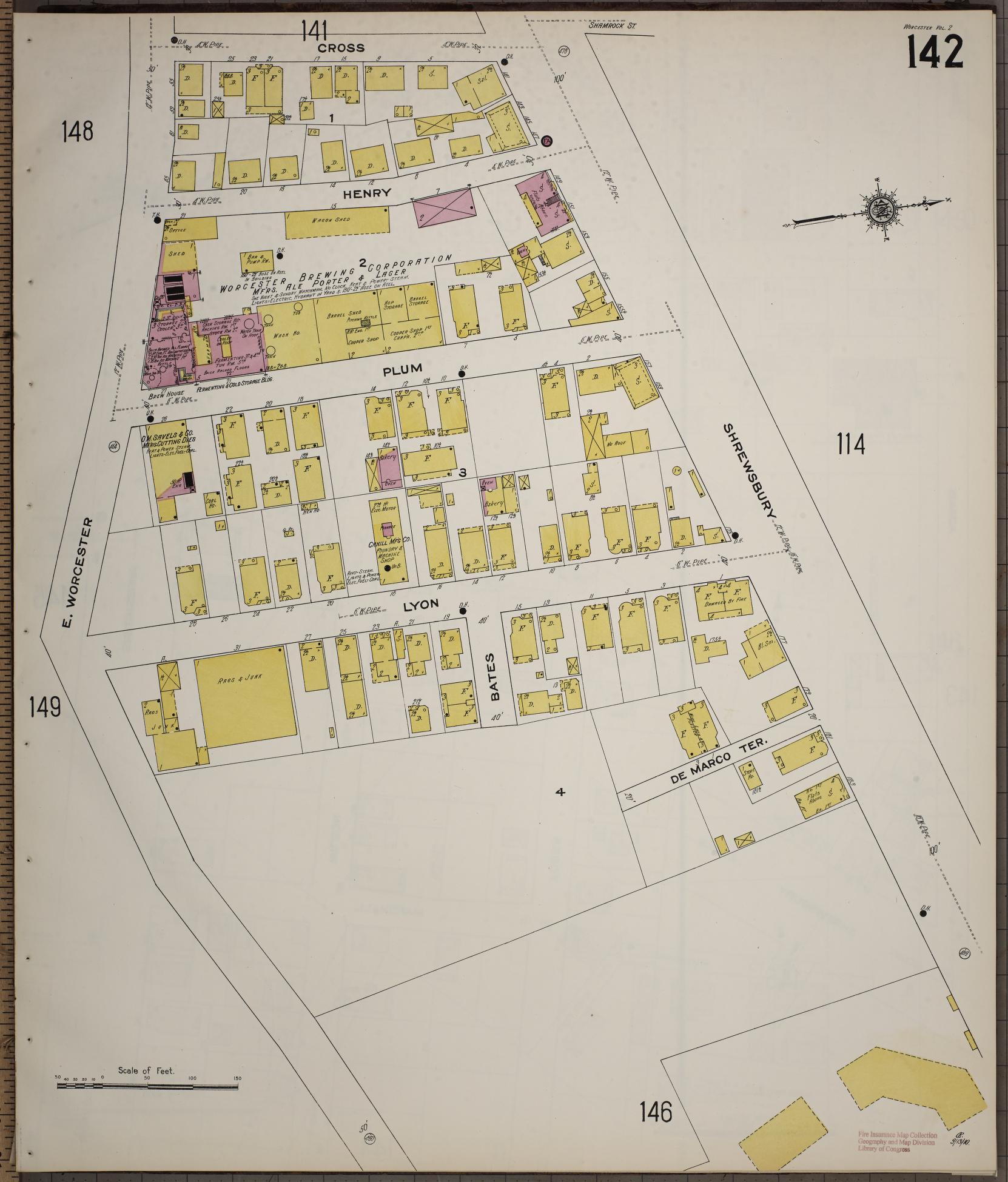 Sanborn Fire Insurance Map from Worcester, Worcester County, Massachusetts (1910), Sheet #0142 - Complete Map Set gallery image, historic Sanborn map, vintage wall art, Massachusetts Massachusetts