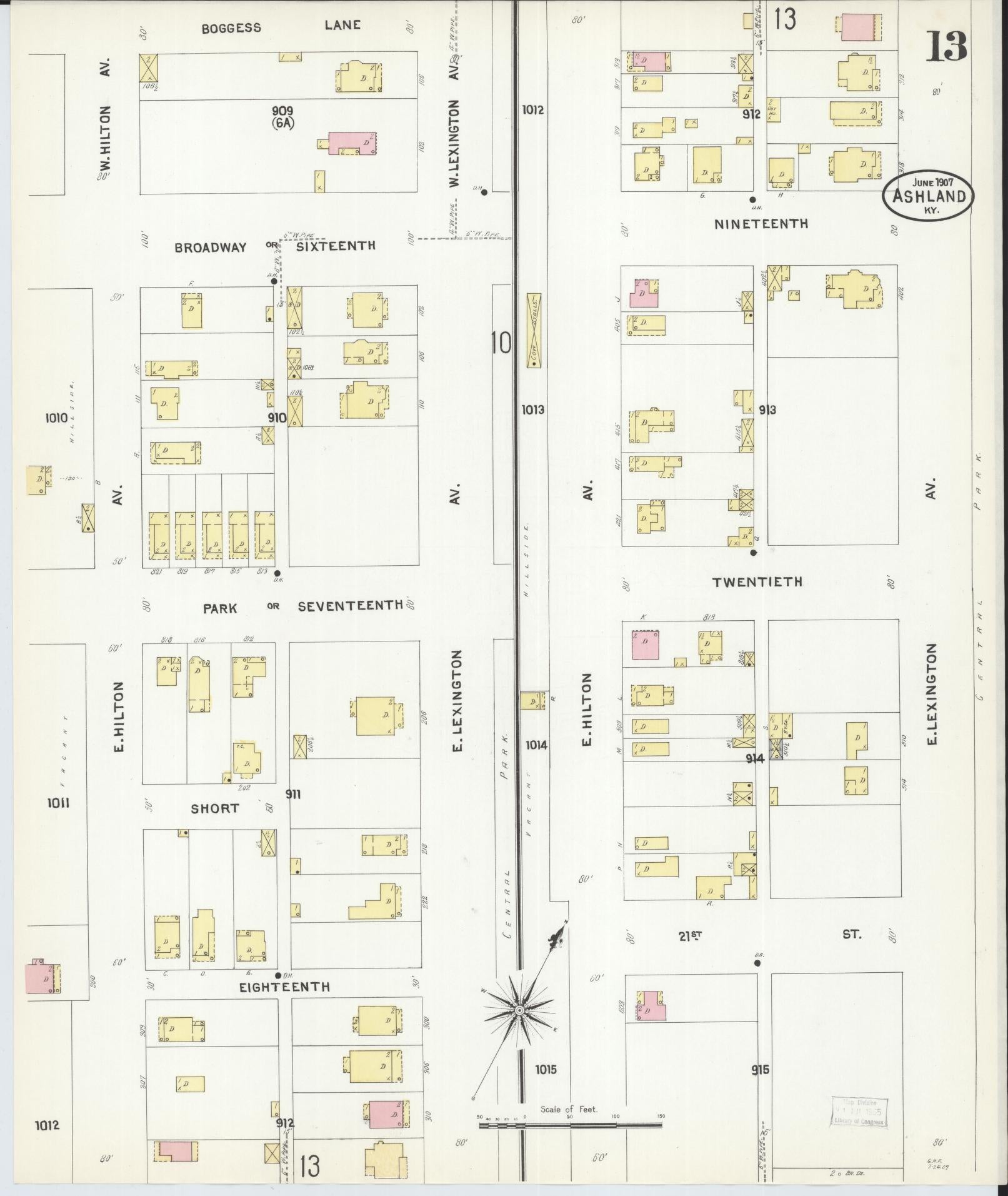 Sanborn Fire Insurance Map from Ashland, Boyd County, Kentucky (1907), Sheet #0013 - Complete Map Set gallery image, historic Sanborn map, vintage wall art, Kentucky Kentucky