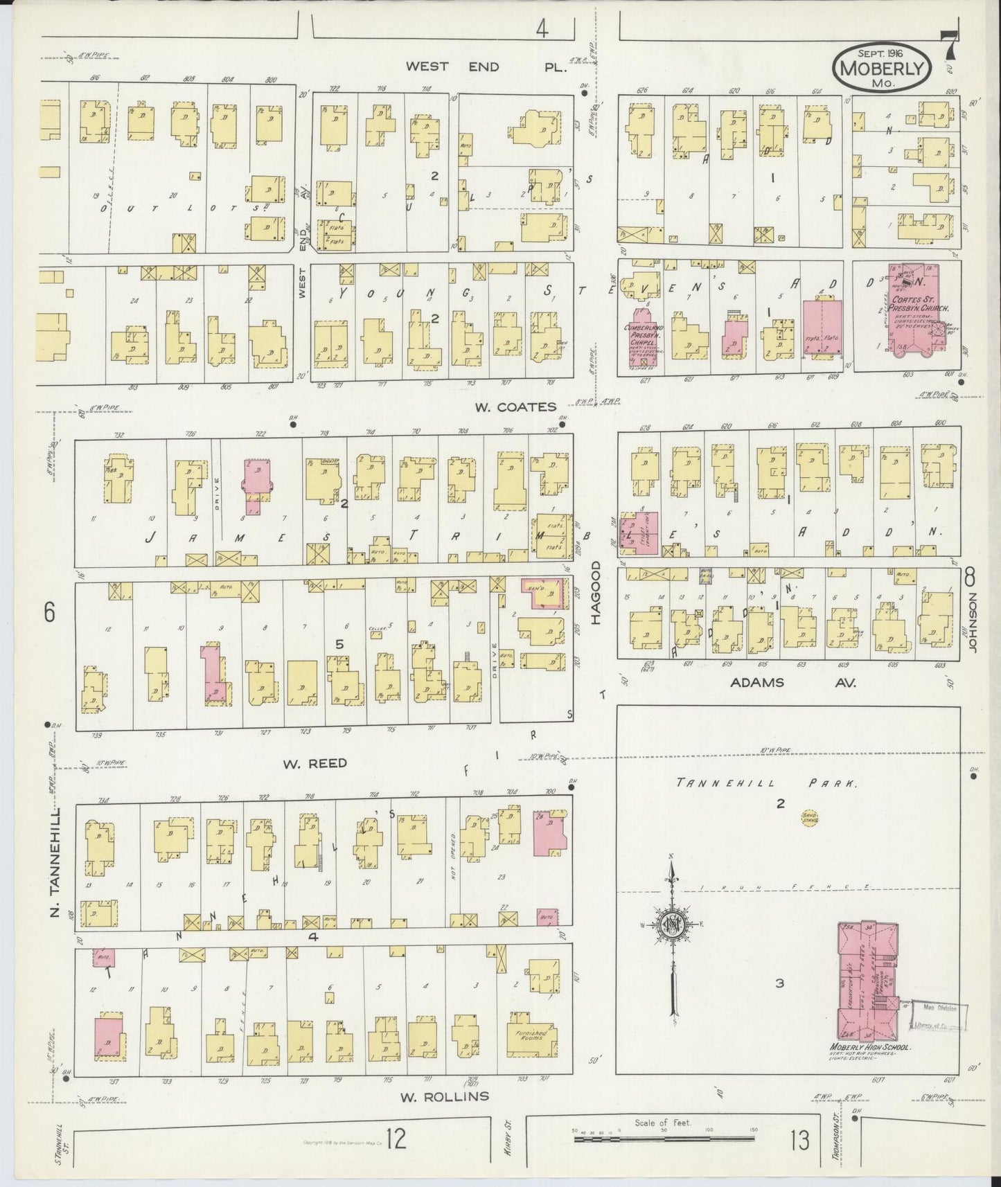 Sanborn Fire Insurance Map from Moberly, Randolph County, Missouri (1916), Sheet #0007 - Historic Sanborn Fire Insurance Map Print, vintage old map wall art, antique decor, genealogy gift, Missouri Missouri map