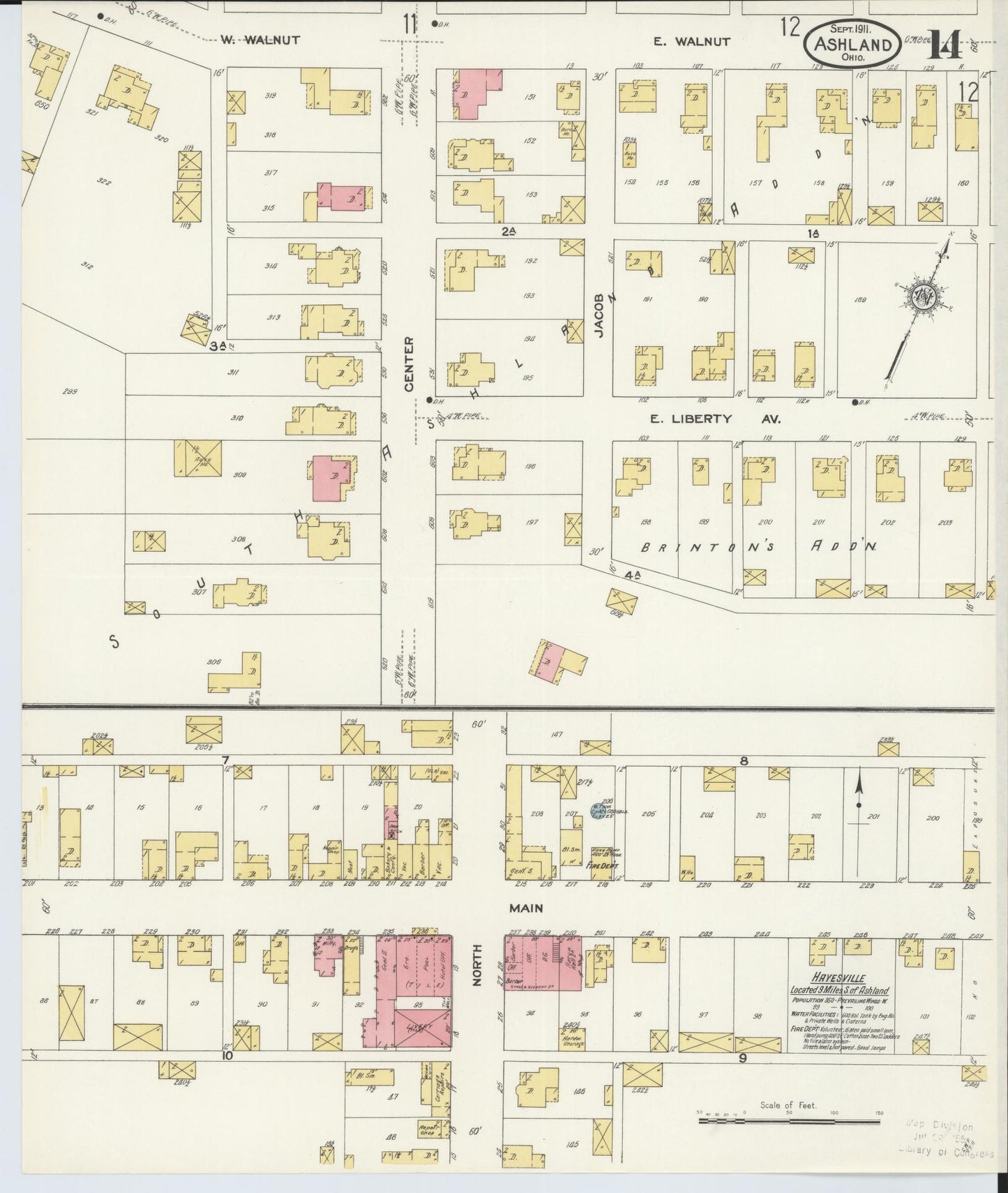 Sanborn Fire Insurance Map from Ashland, Ashland County, Ohio (1911), Sheet #0014 - Historic Sanborn Fire Insurance Map Print, vintage old map wall art, antique decor, genealogy gift, Ohio Ohio map