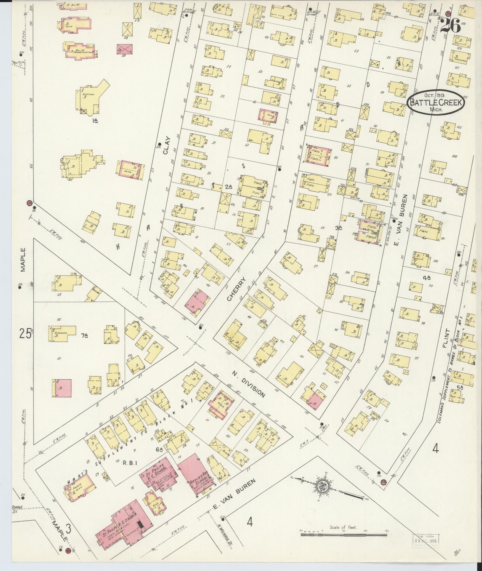 Sanborn Fire Insurance Map from Battle Creek, Calhoun County, Michigan (1913), Sheet #0026 - Complete Map Set gallery image, historic Sanborn map, vintage wall art, Michigan Michigan