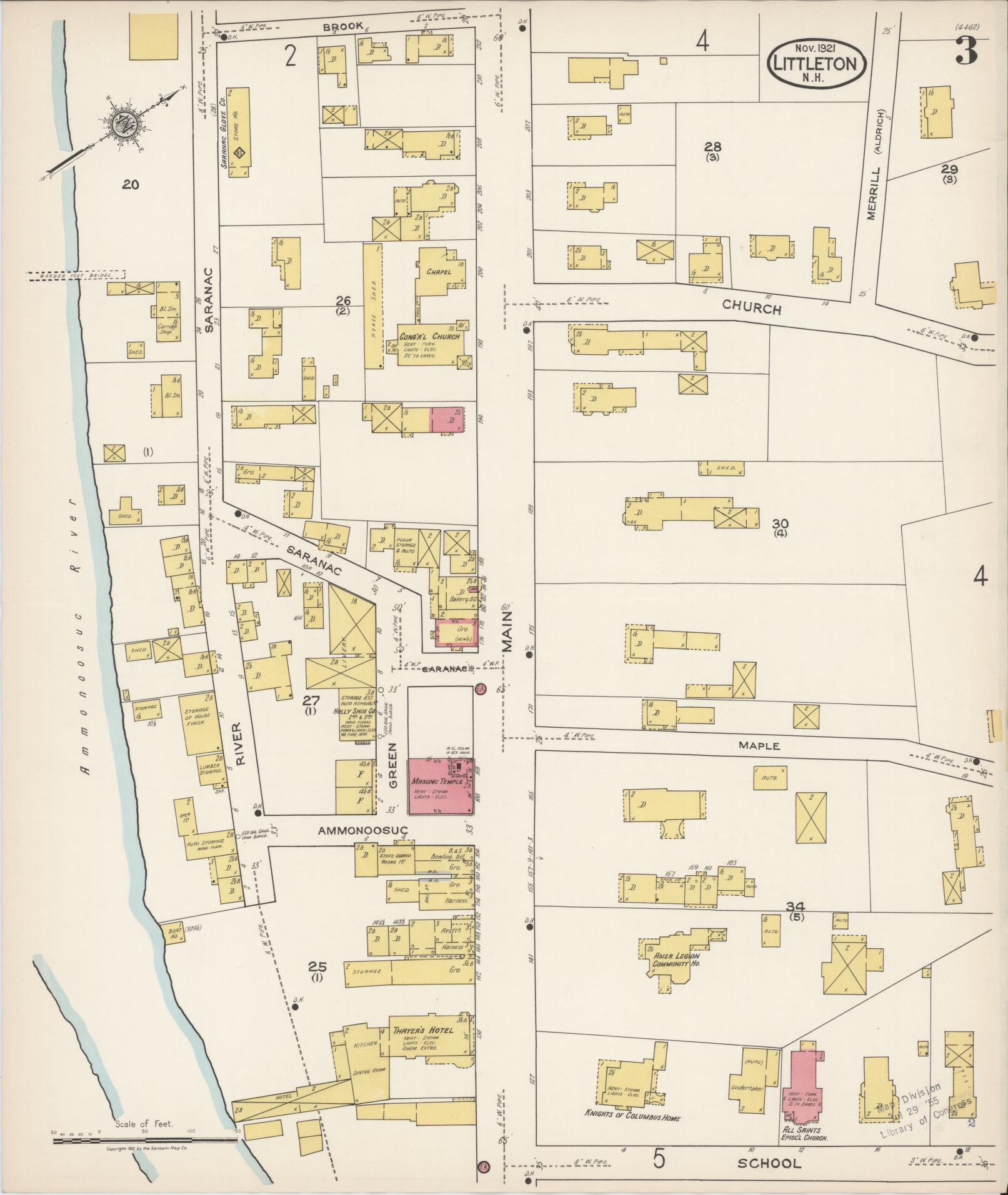 Sanborn Fire Insurance Map from Littleton, Grafton County, New Hampshire (1921), Sheet #0003 - Complete Map Set gallery image, historic Sanborn map, vintage wall art, New Hampshire New Hampshire