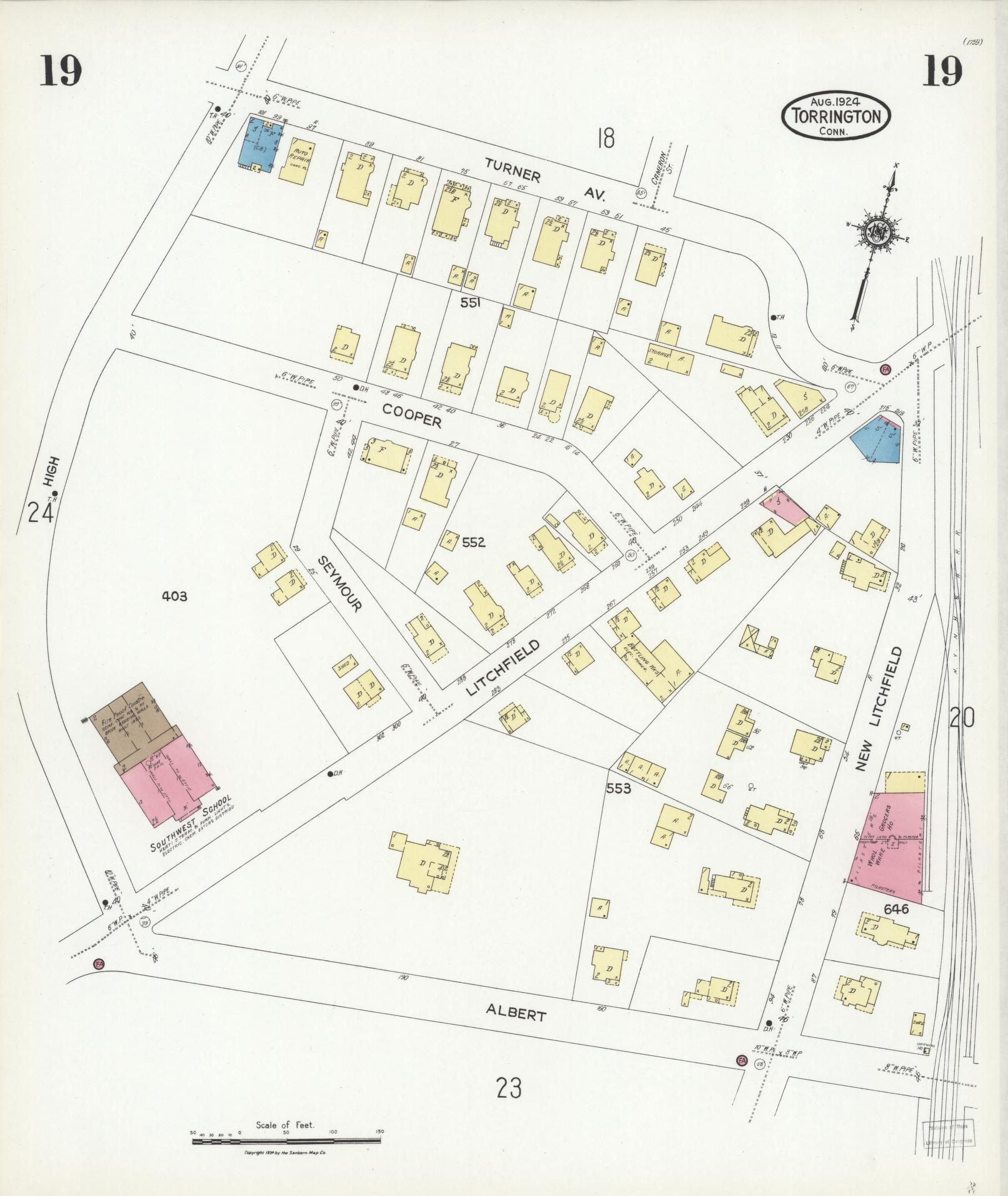 Sanborn Fire Insurance Map from Torrington, Litchfield County, Connecticut (1924), Sheet #0019 - Complete Map Set gallery image, historic Sanborn map, vintage wall art, Connecticut Connecticut