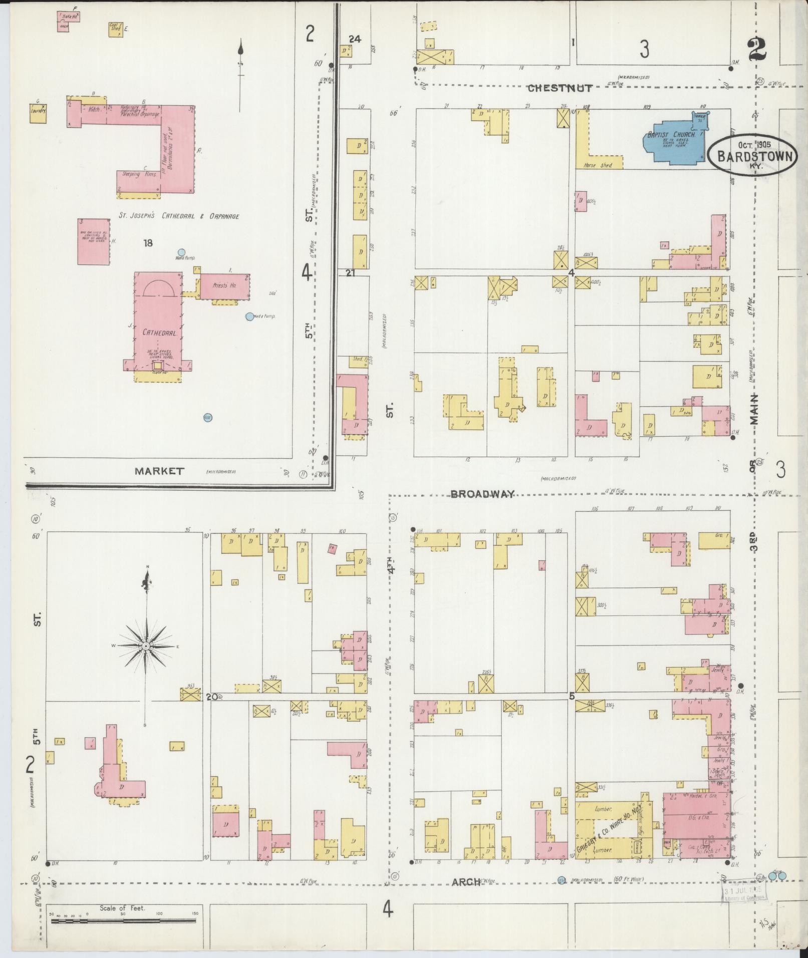 Sanborn Fire Insurance Map from Bardstown, Nelson County, Kentucky (1905), Sheet #0002 - Complete Map Set gallery image, historic Sanborn map, vintage wall art, Kentucky Kentucky