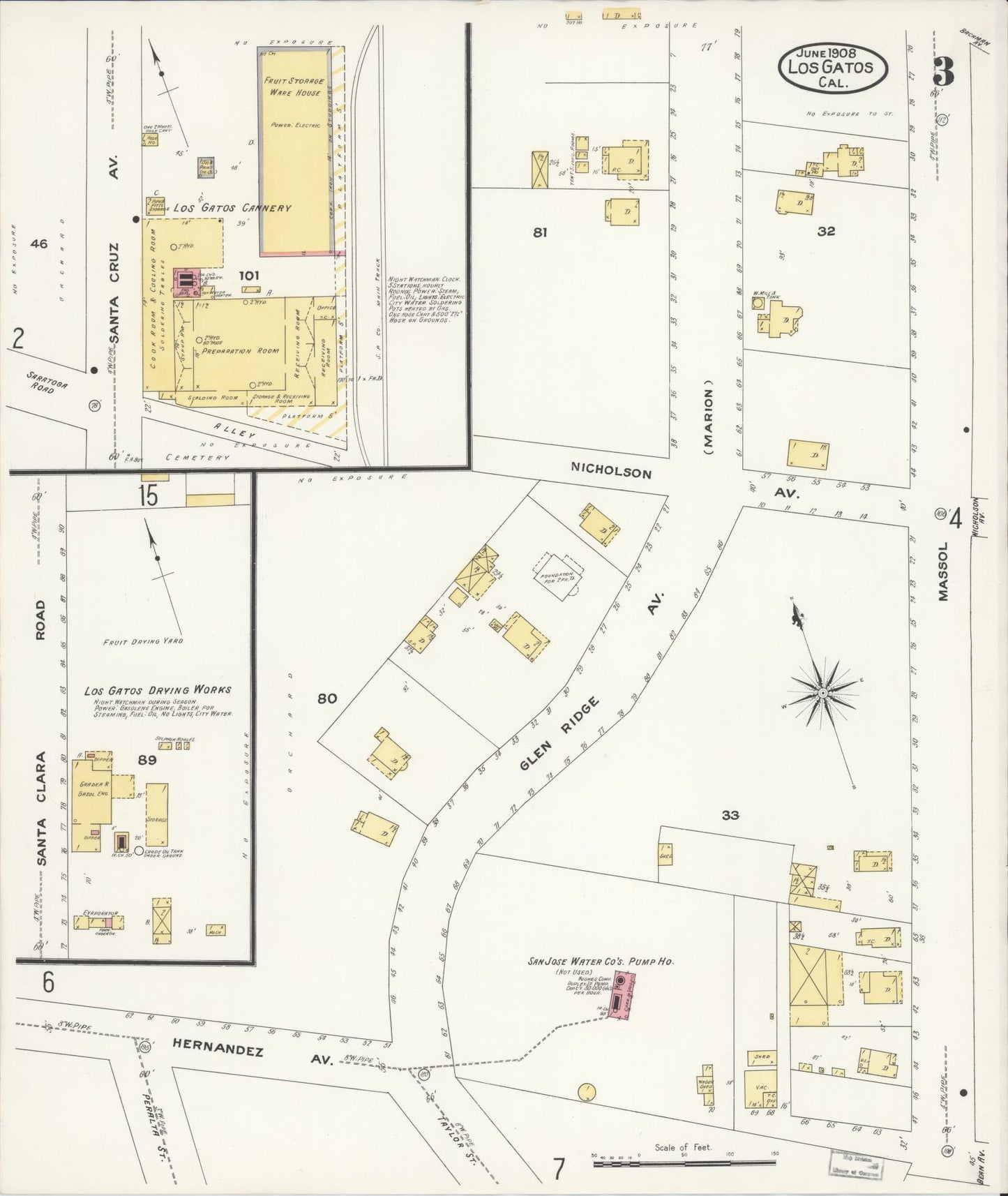 Sanborn Fire Insurance Map from Los Gatos, Santa Clara County, California (1908), Sheet #0003 - Historic Sanborn Fire Insurance Map Print, vintage old map wall art, antique decor, genealogy gift, California California map