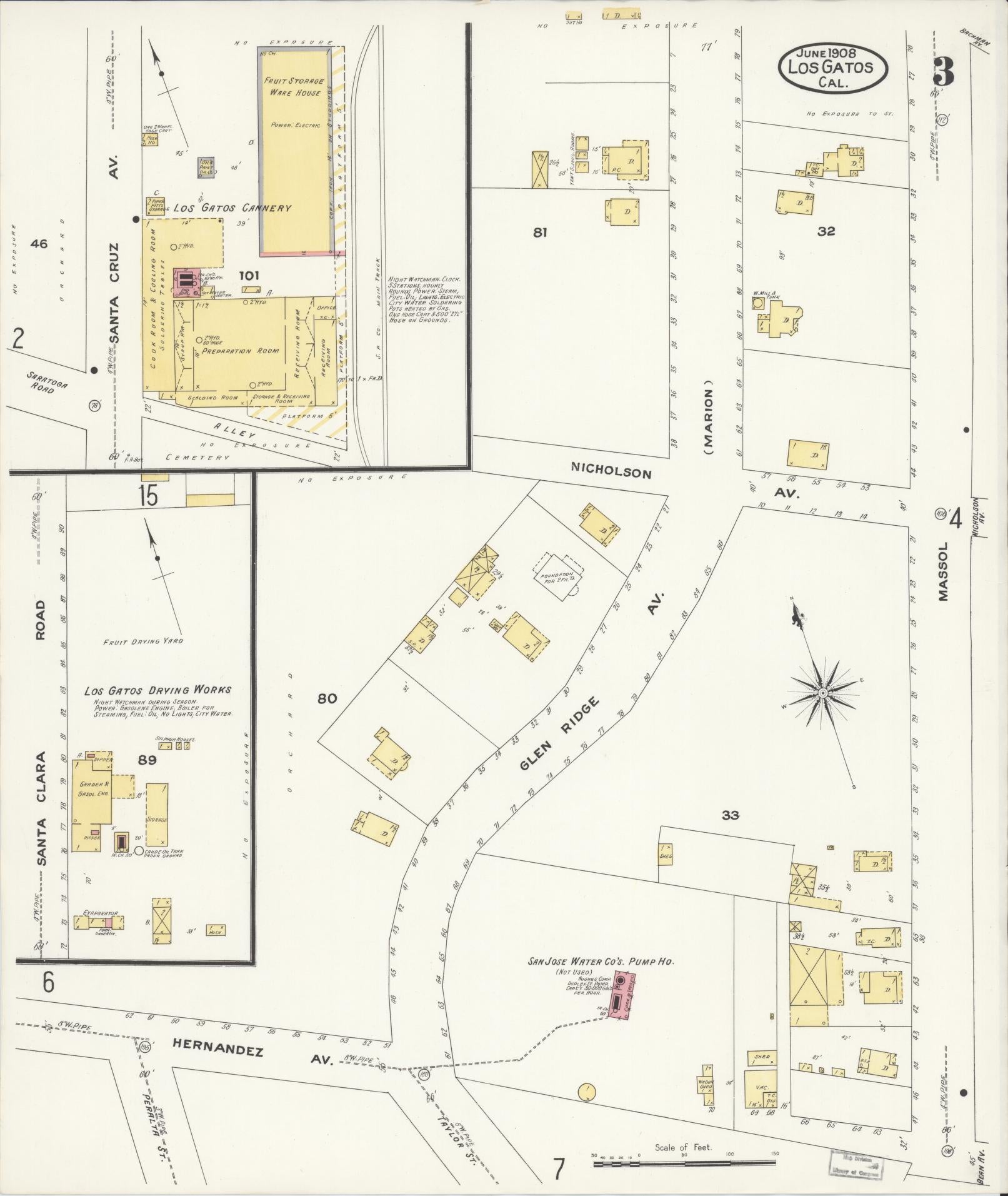 Sanborn Fire Insurance Map from Los Gatos, Santa Clara County, California (1908), Sheet #0003 - Historic Sanborn Fire Insurance Map Print, vintage old map wall art, antique decor, genealogy gift, California California map