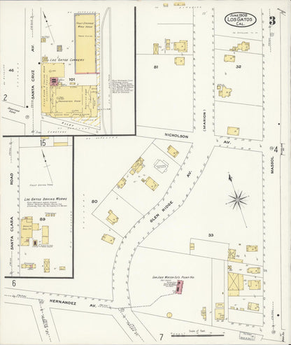 Sanborn Fire Insurance Map from Los Gatos, Santa Clara County, California (1908), Sheet #0003 - Historic Sanborn Fire Insurance Map Print, vintage old map wall art, antique decor, genealogy gift, California California map