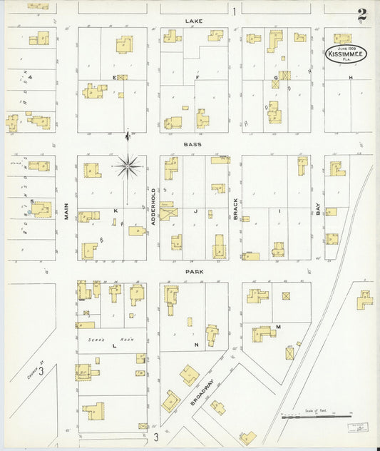 Sanborn Fire Insurance Map from Kissimmee, Osceola County, Florida (1909), Sheet #0002 - Historic Sanborn Fire Insurance Map Print, vintage old map wall art, antique decor, genealogy gift, Florida Florida map